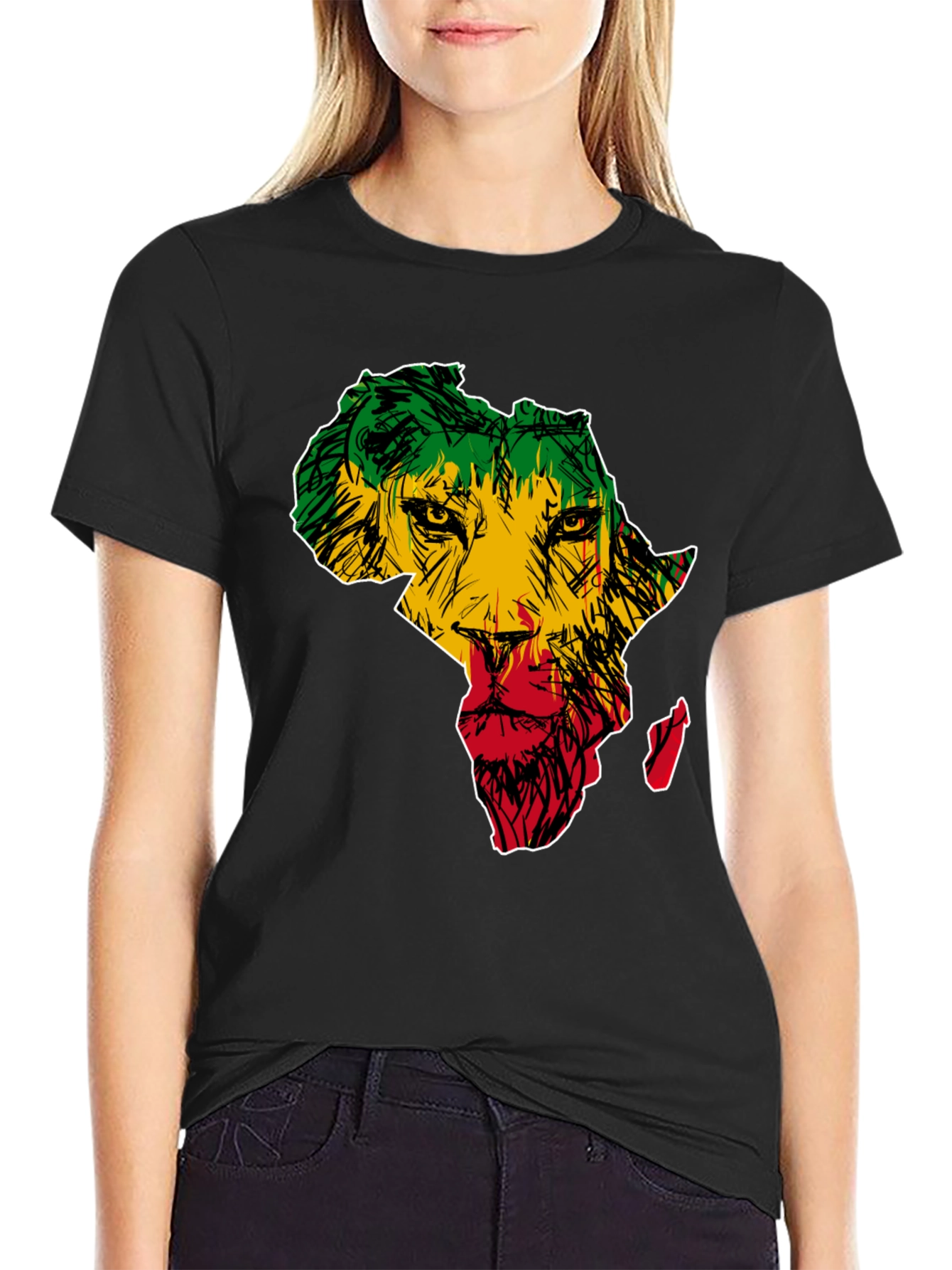 Black Africa Lion Print T-Shirt - Men's Black Tee view 2
