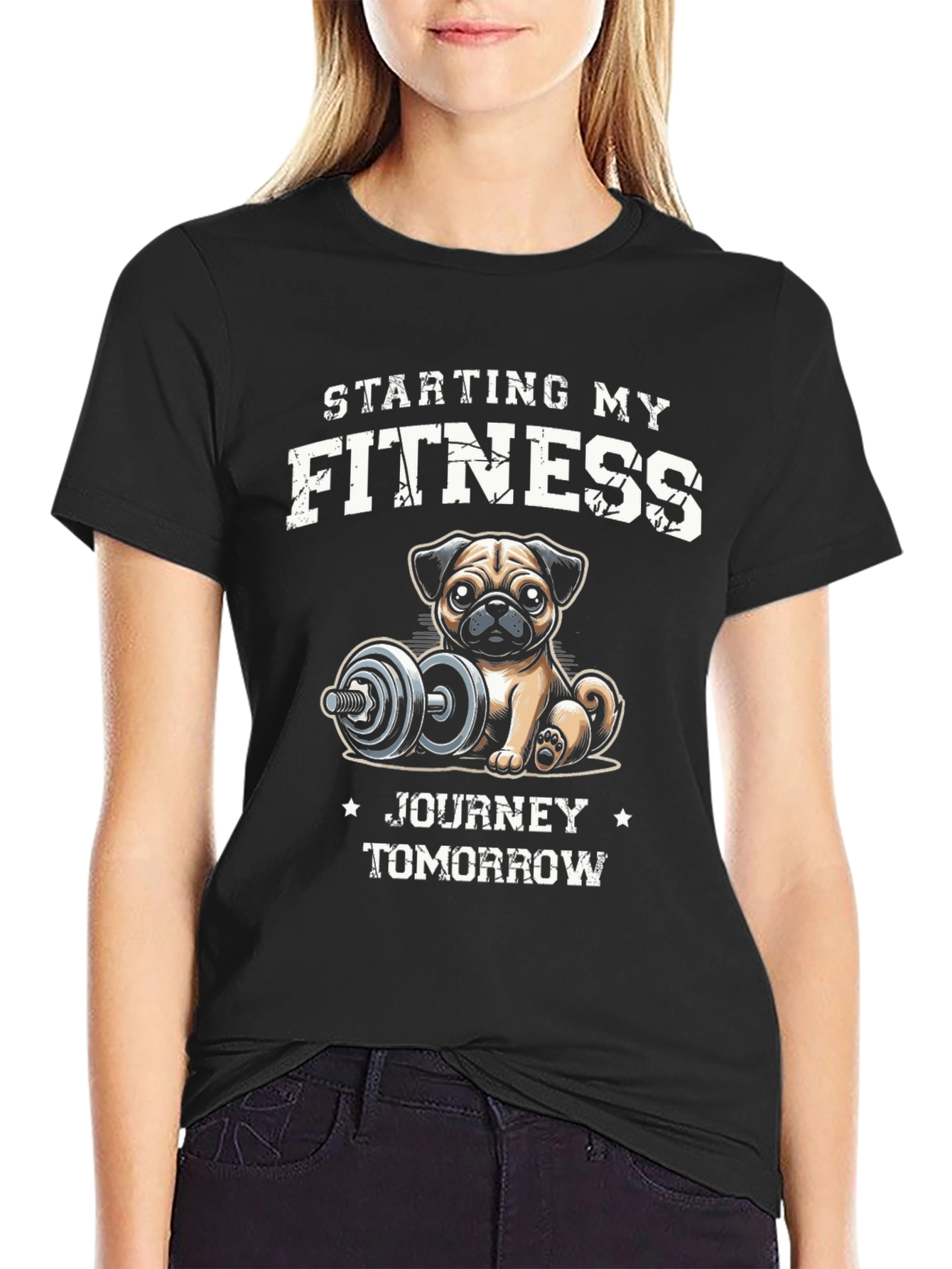 Black Funny Pug Fitness T-Shirt: Starting My Journey Tomorrow view 2