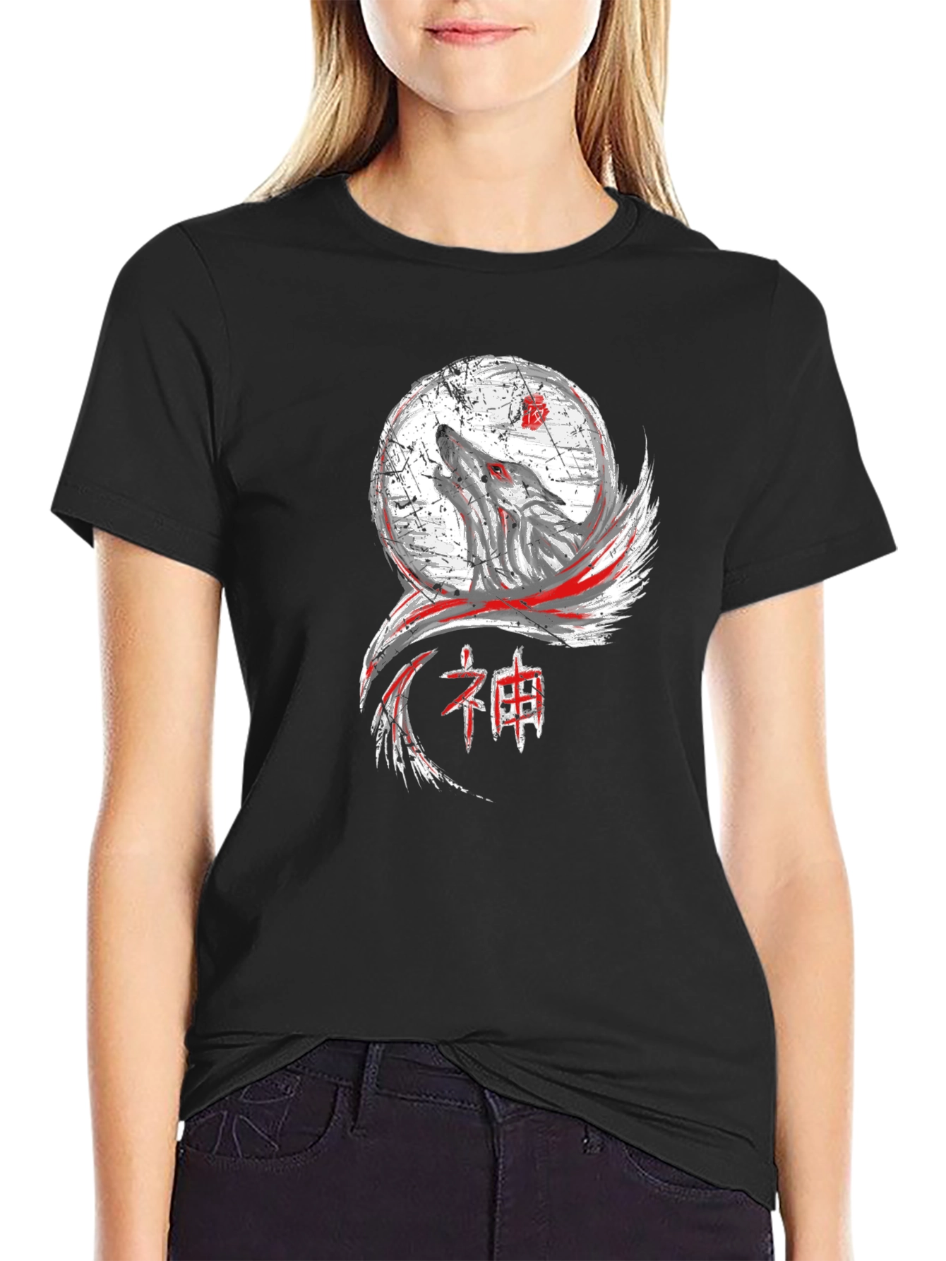 Black Wolf Moon Graphic Tee - Black Cotton T-Shirt view 2