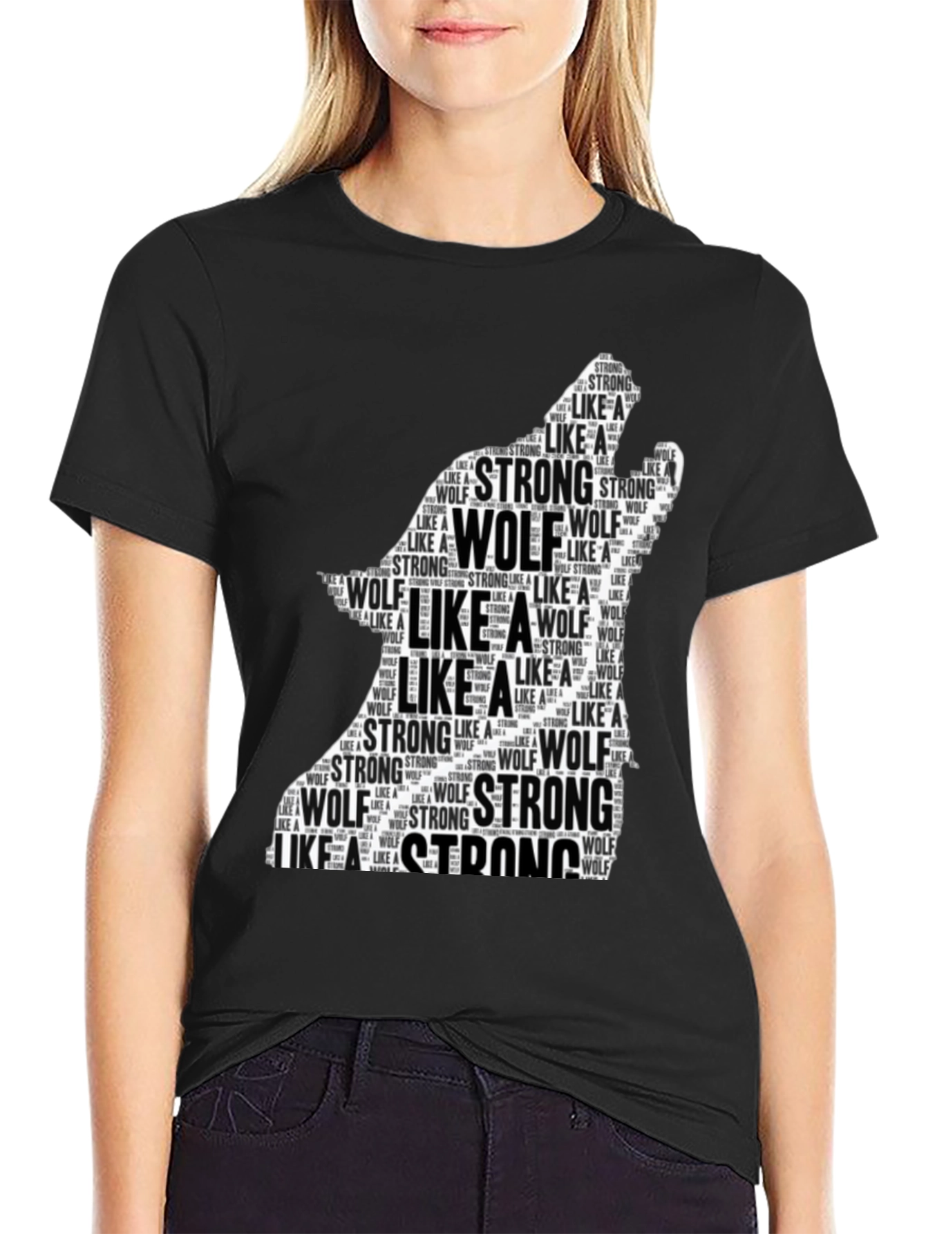Black Wolf Silhouette Word Art T-Shirt - Strong Like a Wolf Tee view 2