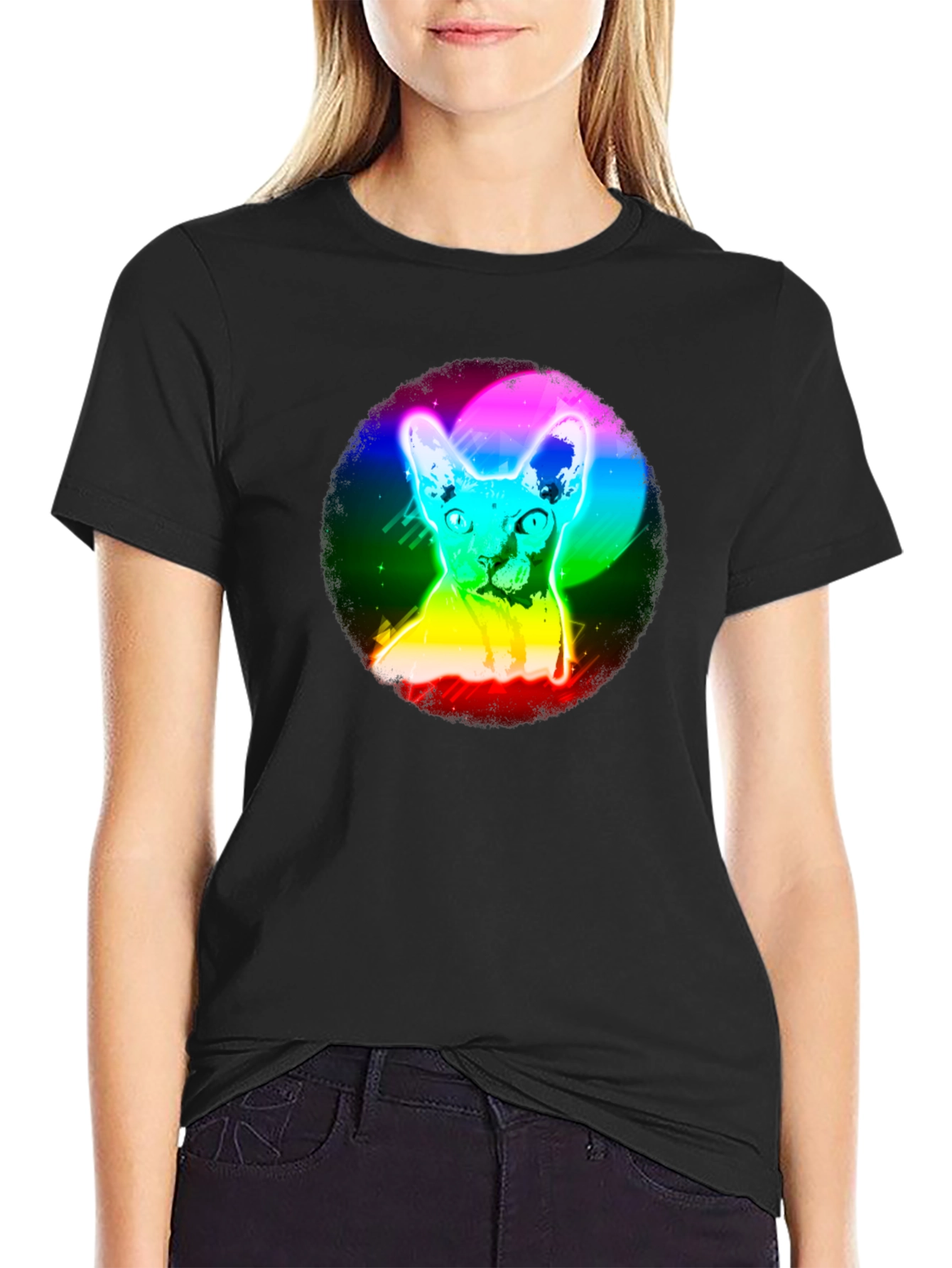 Black Rainbow Cat Graphic Black T-Shirt view 2