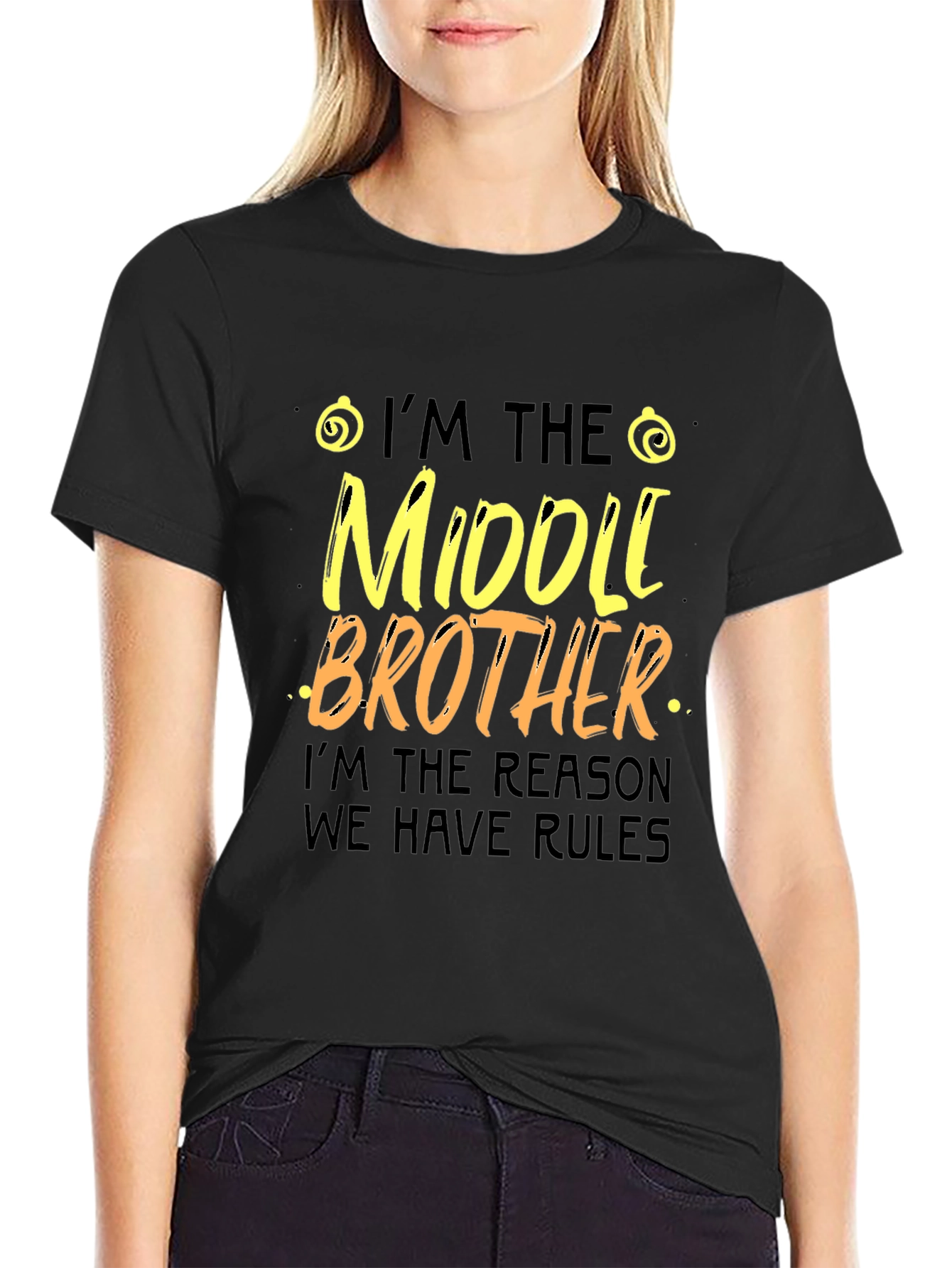 Black Middle Brother Rules T-Shirt Funny Family Tee view 2