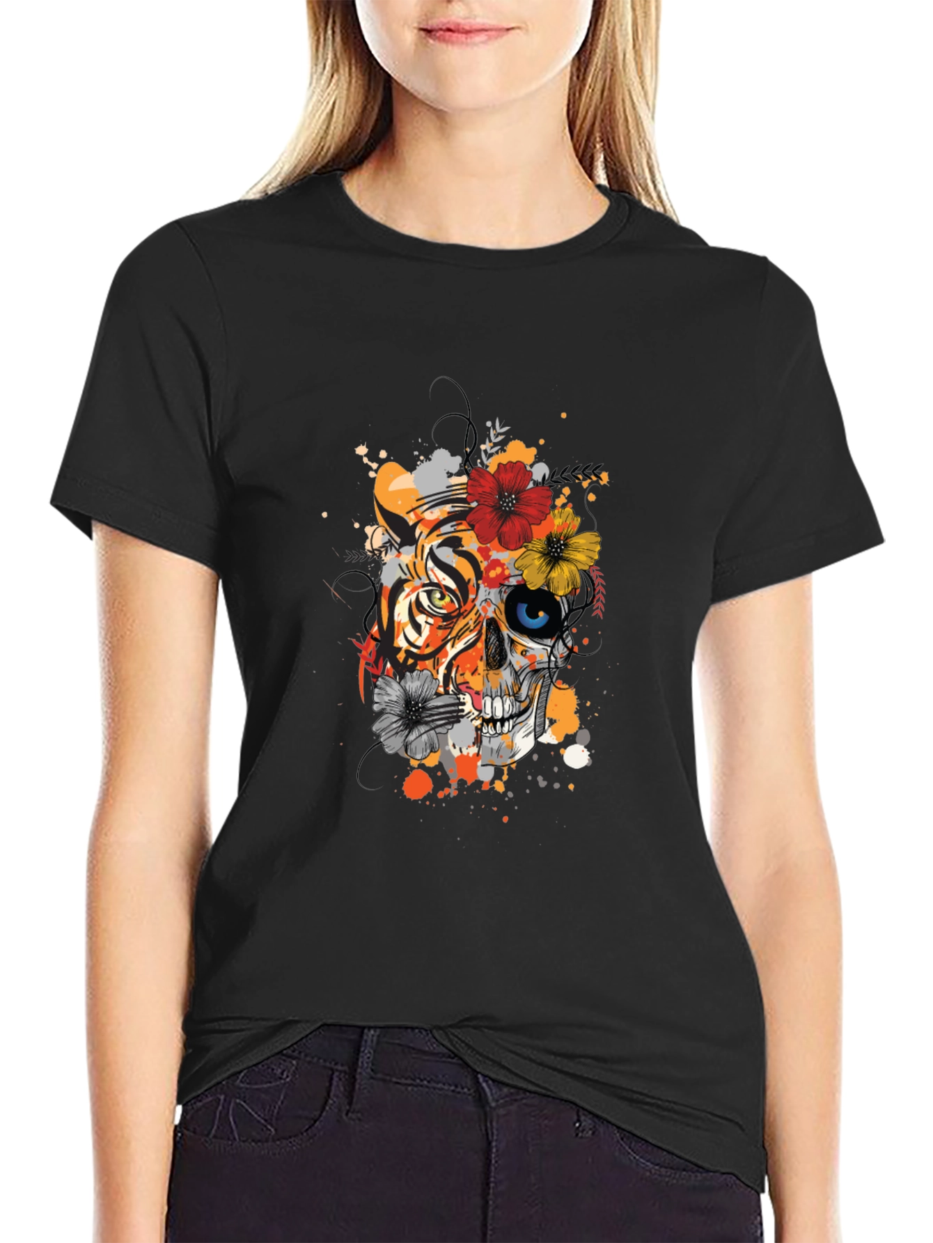 Black Tiger Skull Floral Print Black T-Shirt view 2