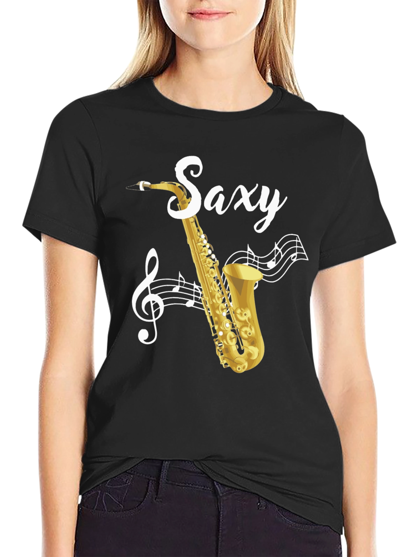 Black Saxy Saxophone Music Notes Graphic T-Shirt view 2