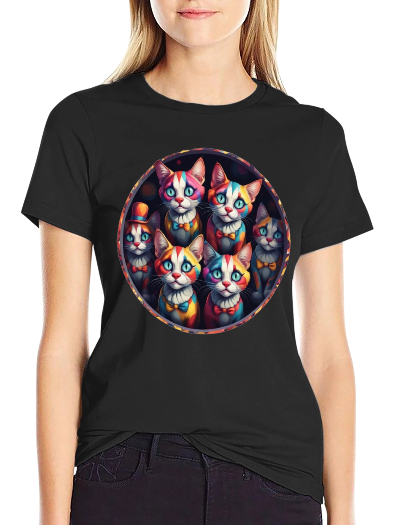 Black Colorful Clown Cats Graphic Tee - Unique Design view 2