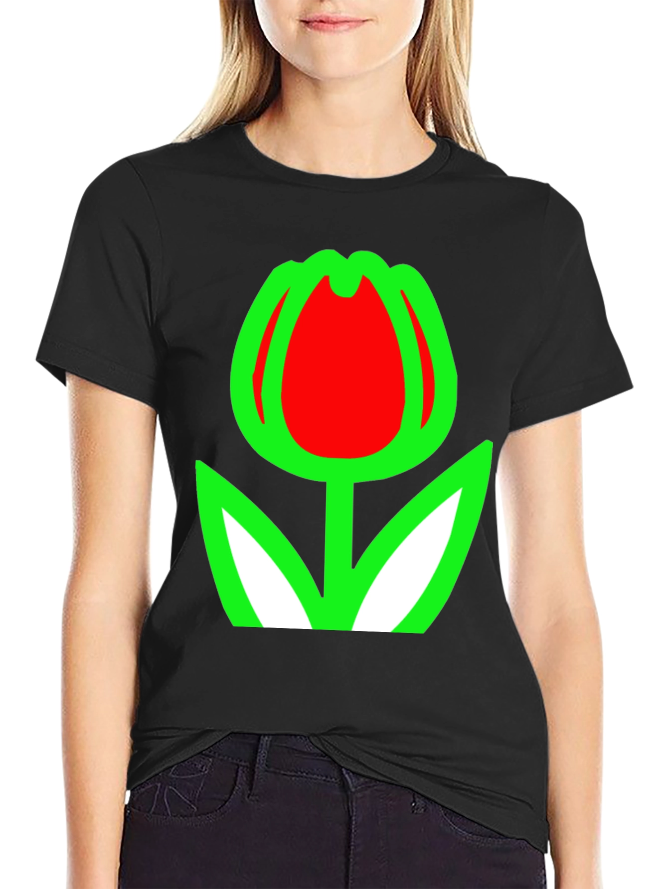 Black Tulip Graphic Tee - Bold Floral Statement Shirt view 2