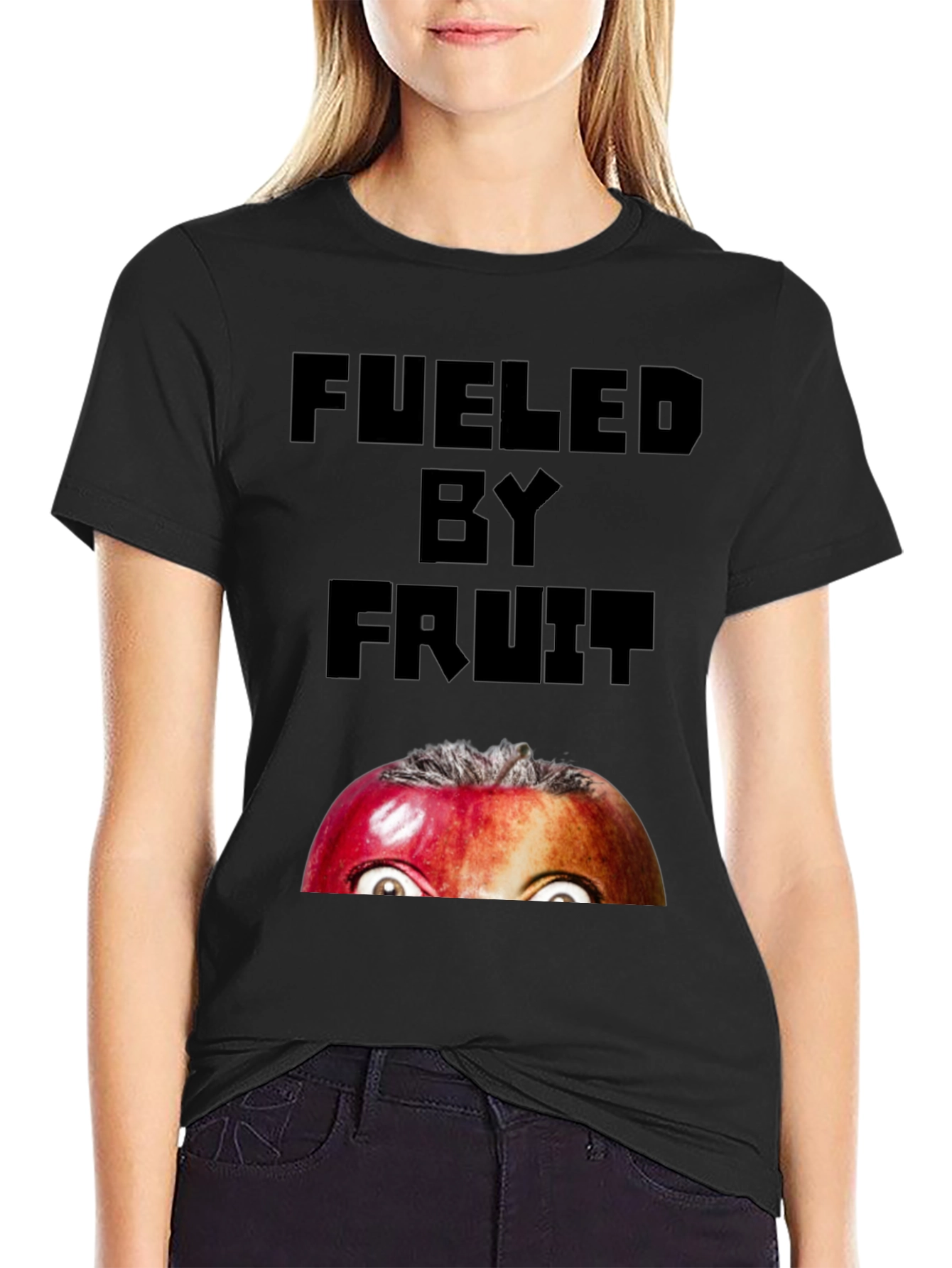 Black Fueled By Fruit Graphic T-Shirt - Funny Apple Eyes view 2