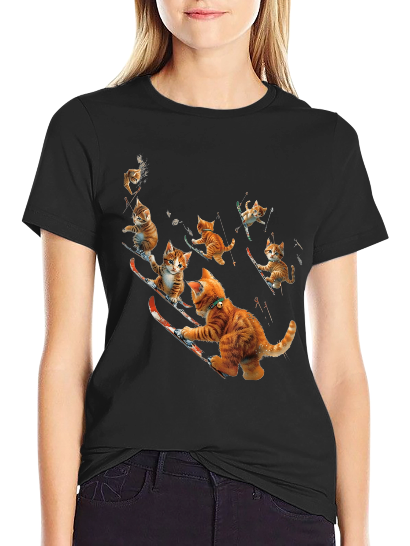 Black Skiing Cats Graphic Tee view 2