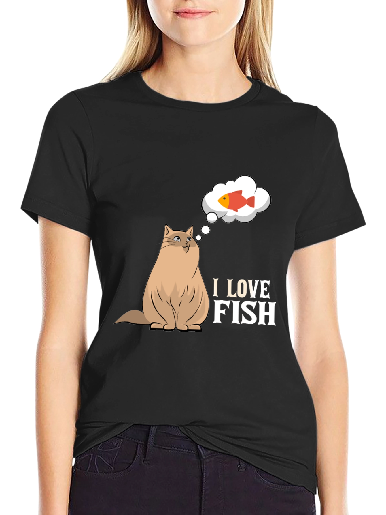Black I Love Fish Graphic Tee - Funny Cat Lover Shirt view 2