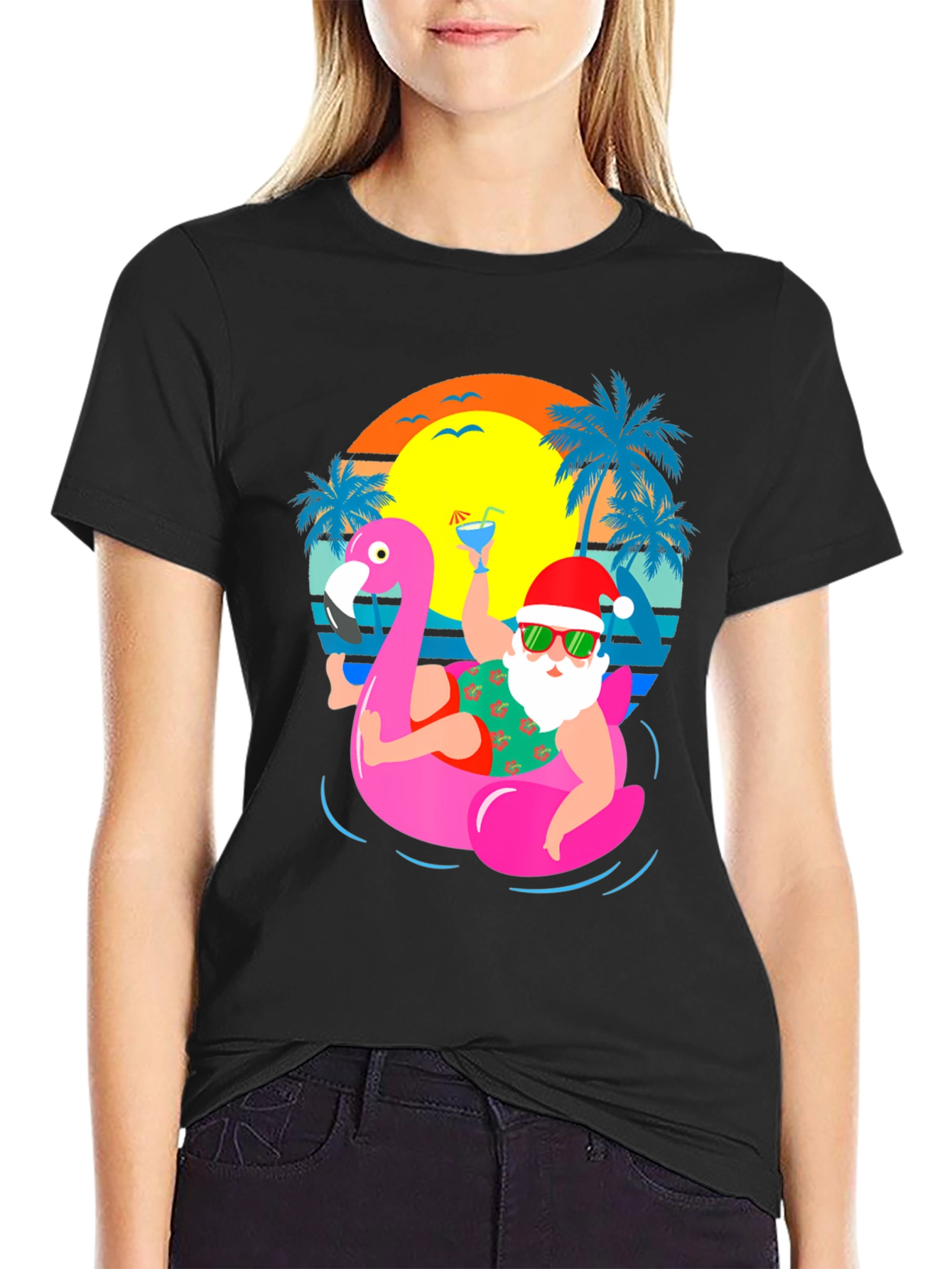Santa Flamingo Pool Party Graphic T-Shirt - 2