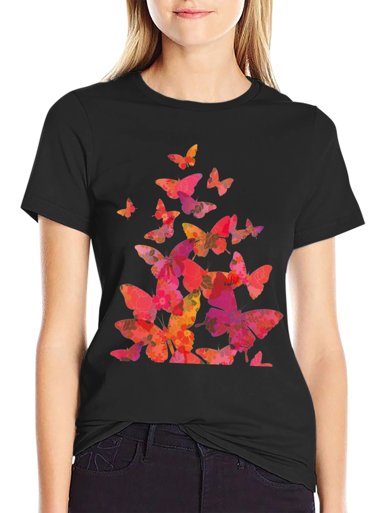 Black Butterfly Print Black T-Shirt view 2