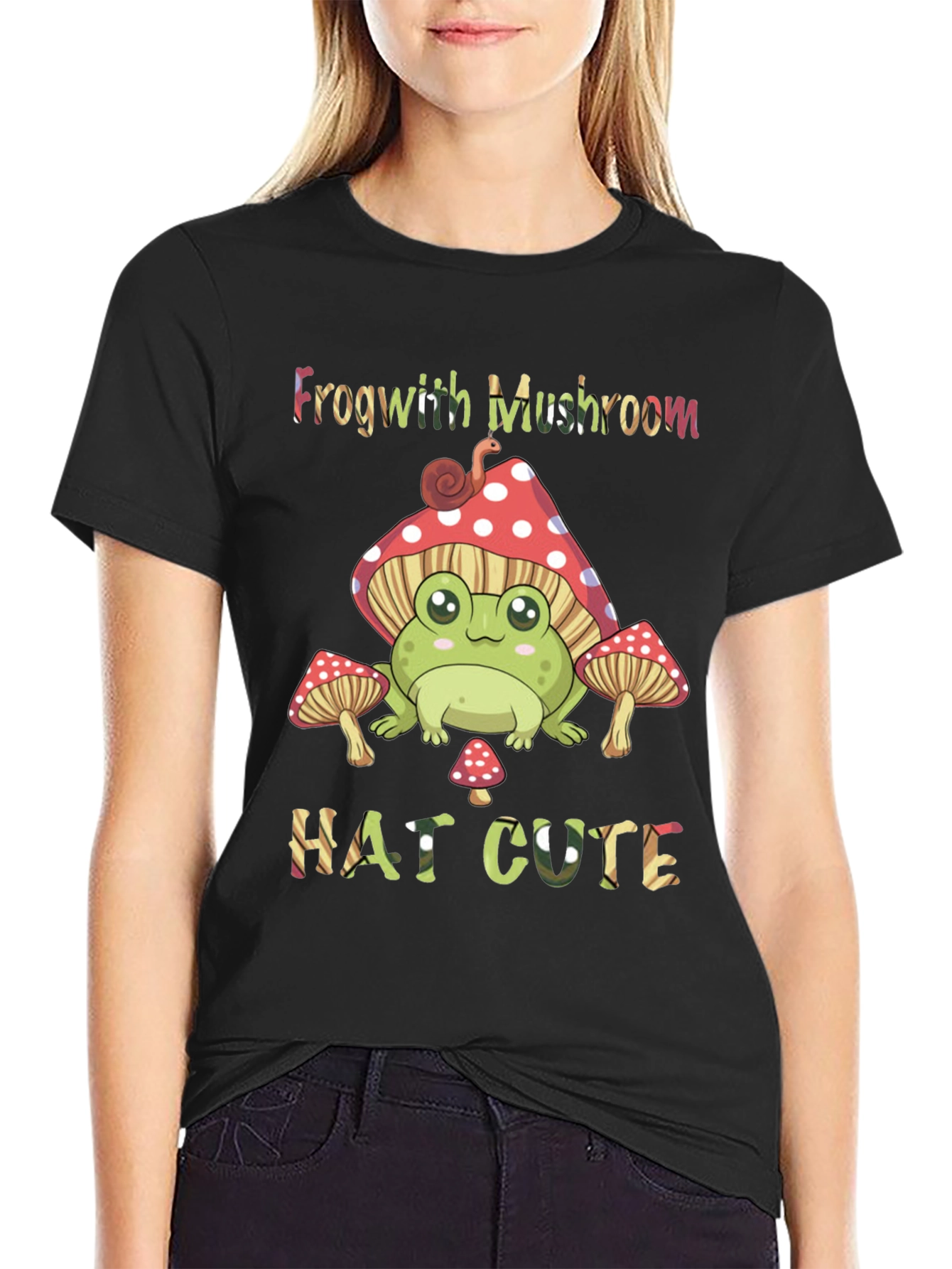 Black Frog with Mushroom Hat Cute Black T-Shirt view 2