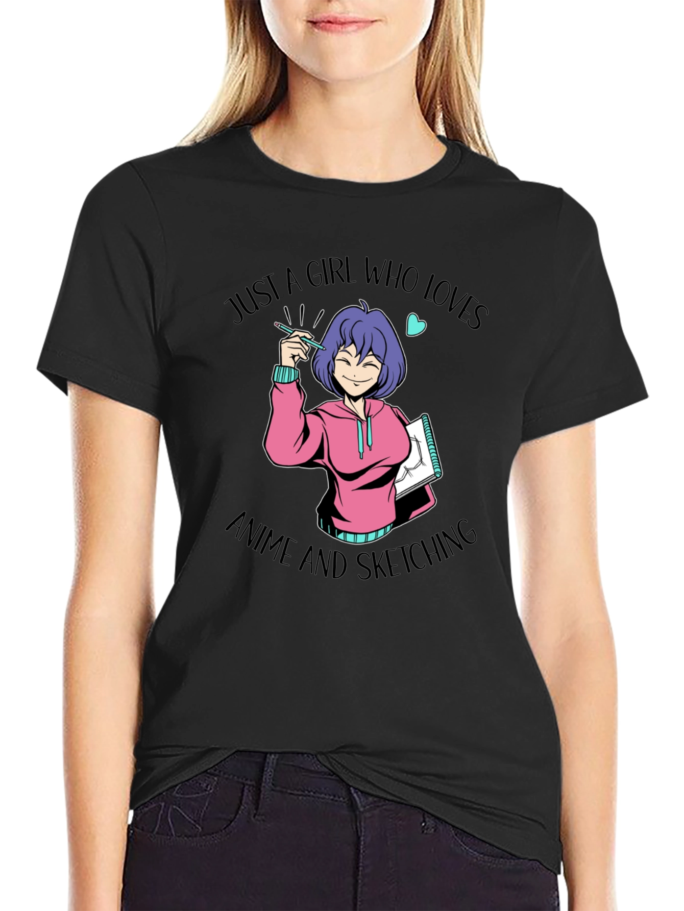 Black Anime Sketching Girl Graphic T-Shirt view 2