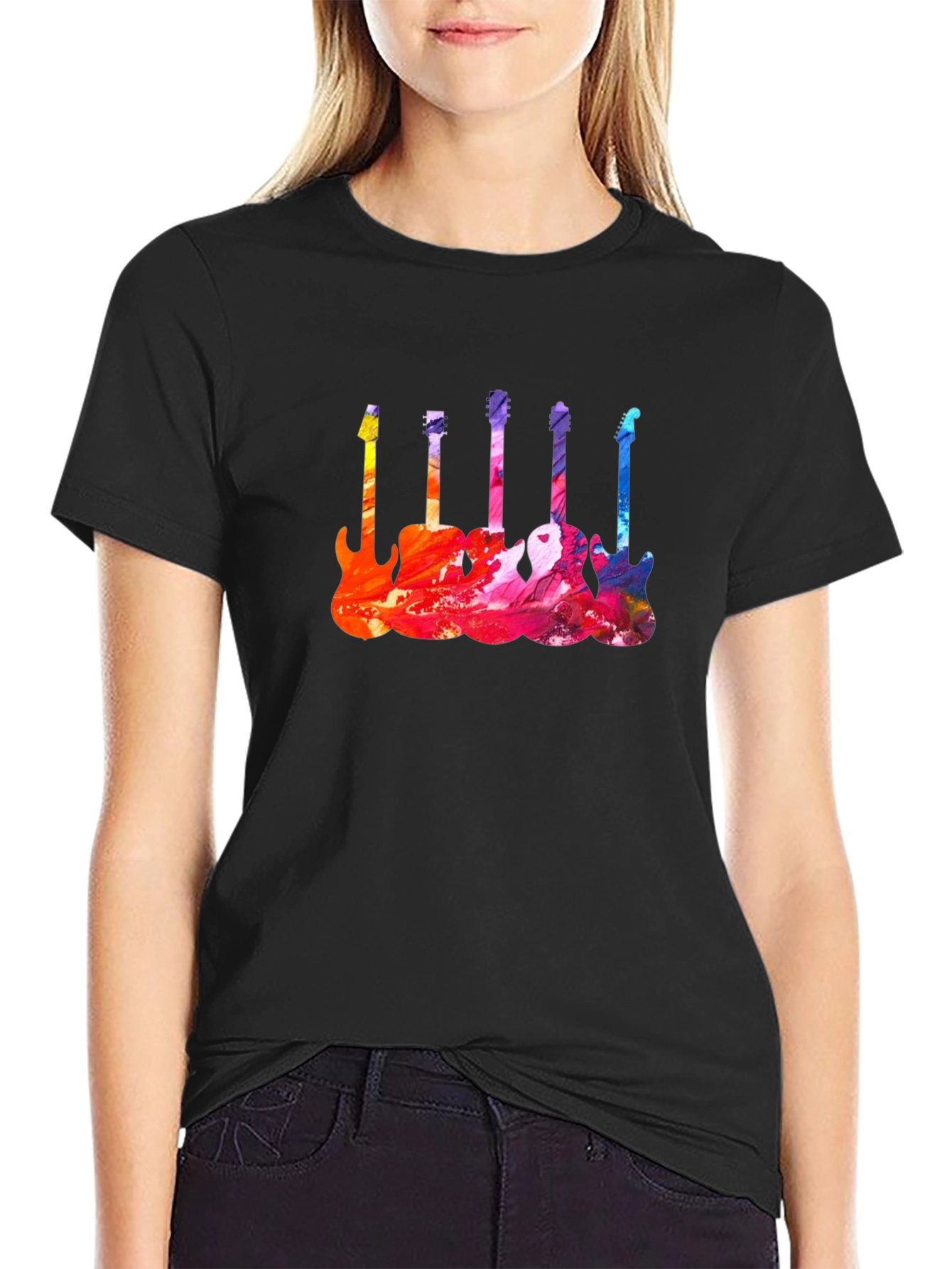 Black Colorful Guitar T-Shirt - Music Lover Tee view 2