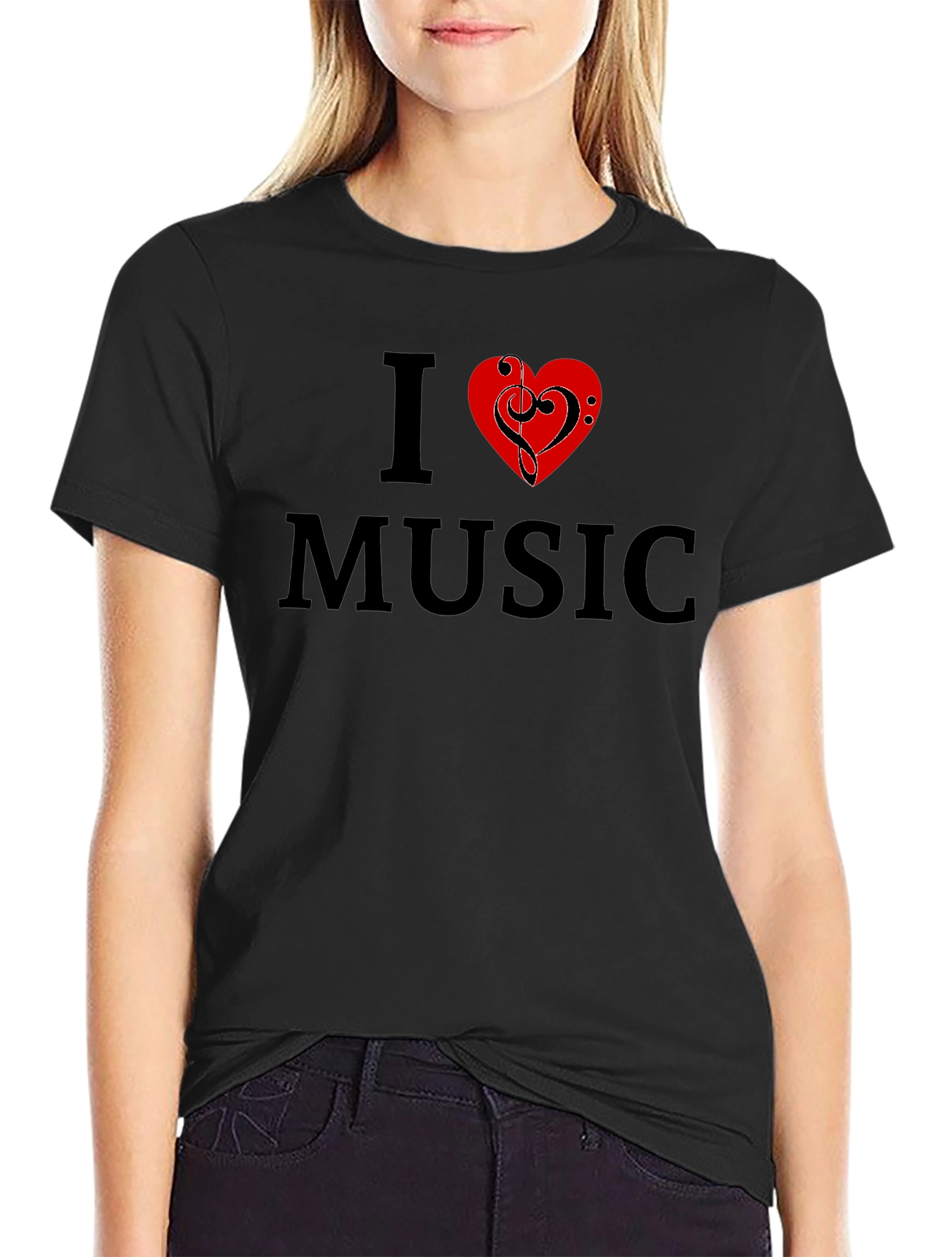 Black I Love Music Graphic Tee - Black Cotton T-Shirt view 2
