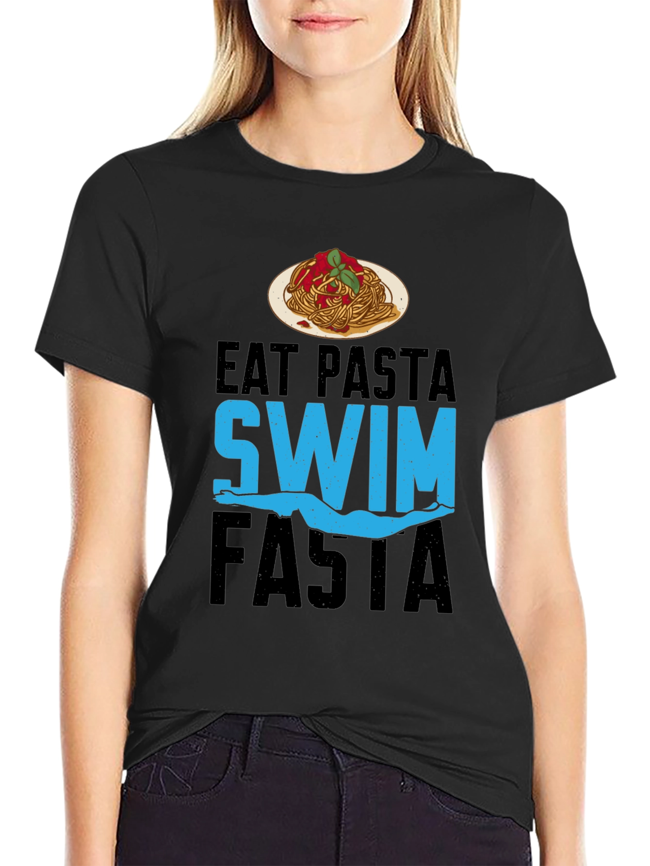 Black Eat Pasta Swim Fasta T-Shirt - Swimmer's Delight! view 2
