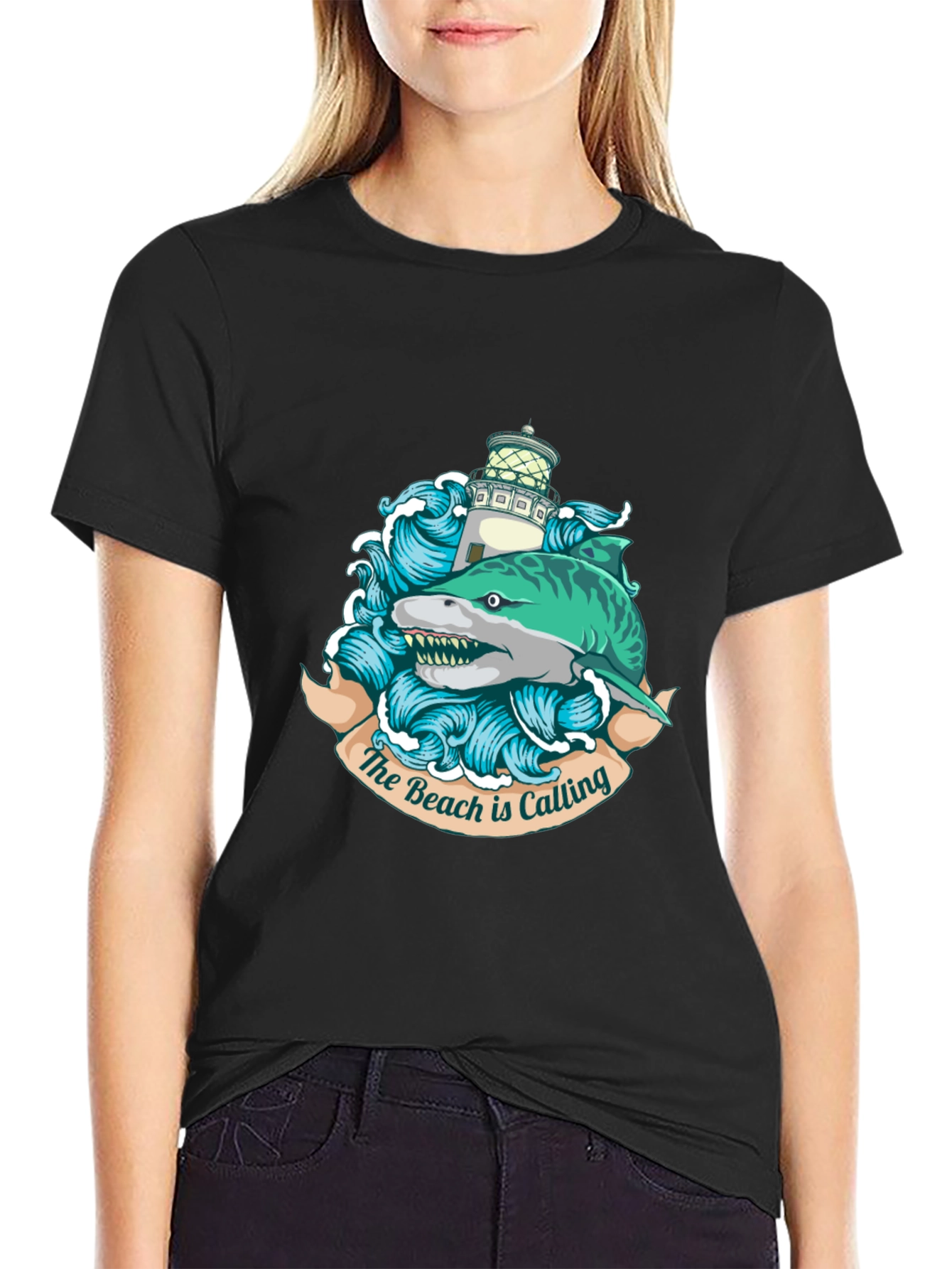 Black Beach Calling T-Shirt with Shark and Lighthouse view 2