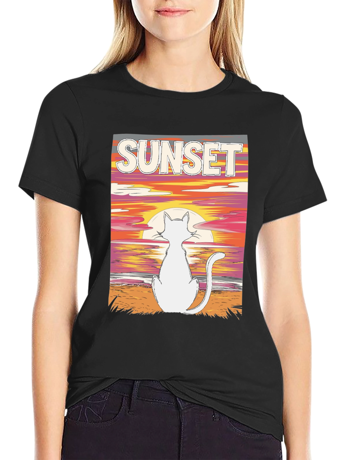 Black Sunset Cat Graphic Tee - Black Cotton T-Shirt view 2