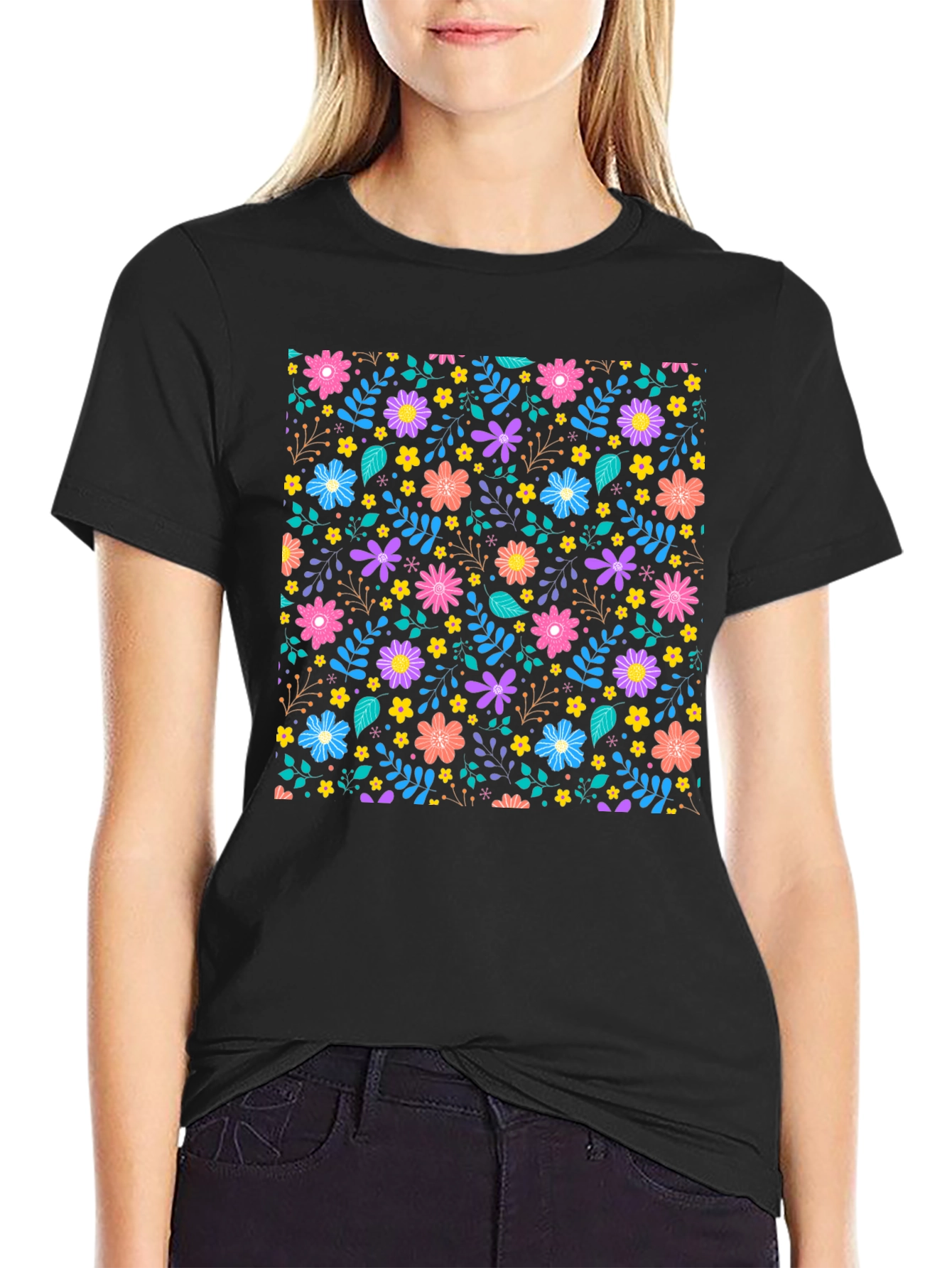 Black Floral Pattern Black T-Shirt view 2