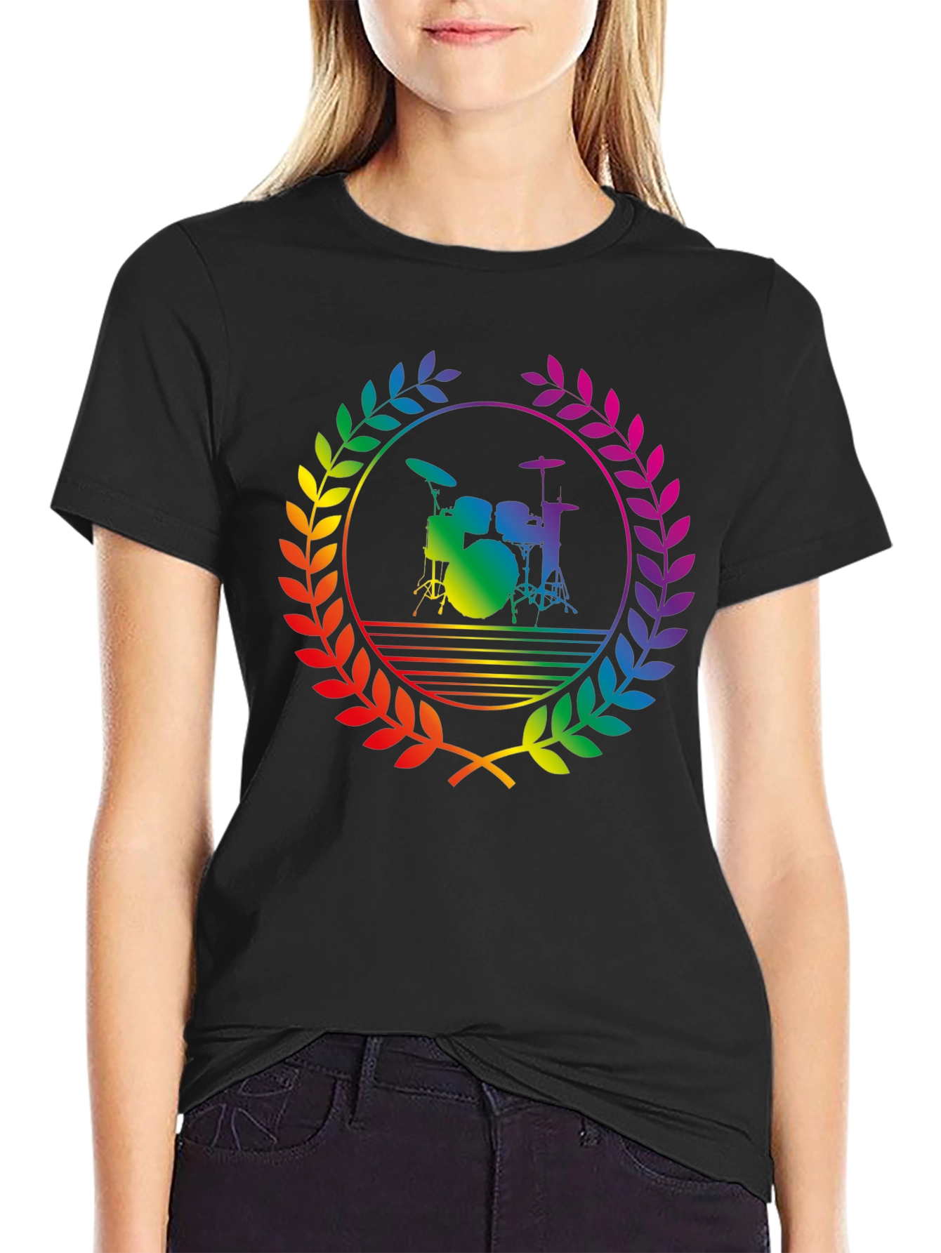 Black Rainbow Drummer T-Shirt - Black Cotton Music Tee view 2