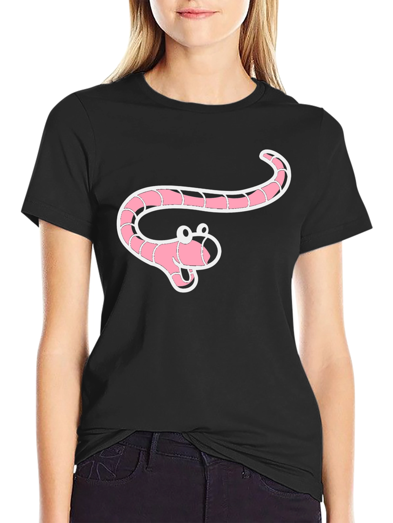 Black Cartoon Worm Graphic Black T-Shirt view 2