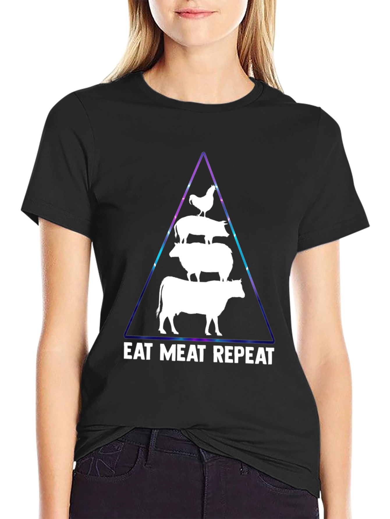 Black Eat Meat Repeat T-Shirt: Black, Animal Pyramid Design view 2