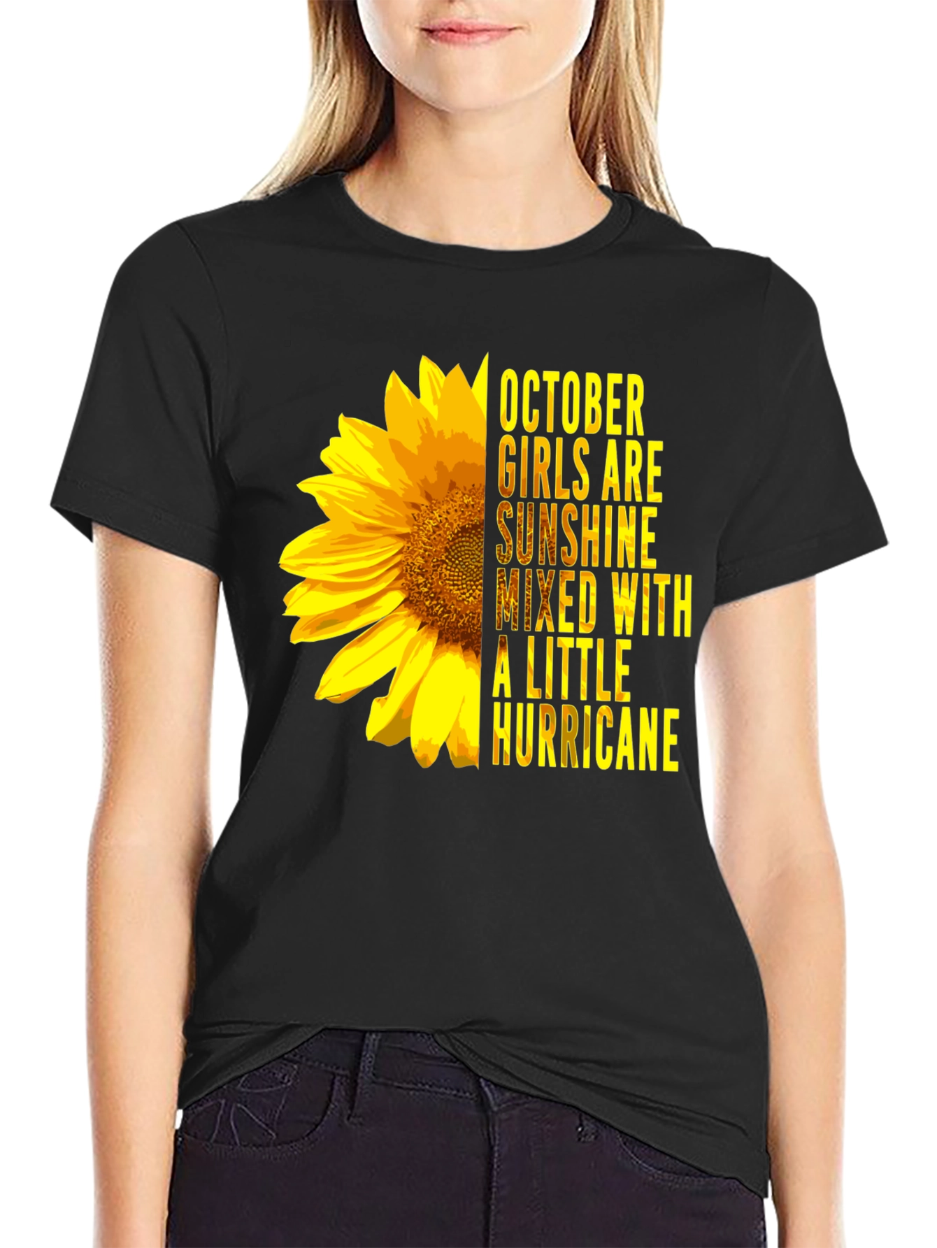 Black October Girl Sunflower Graphic Tee - Black view 2