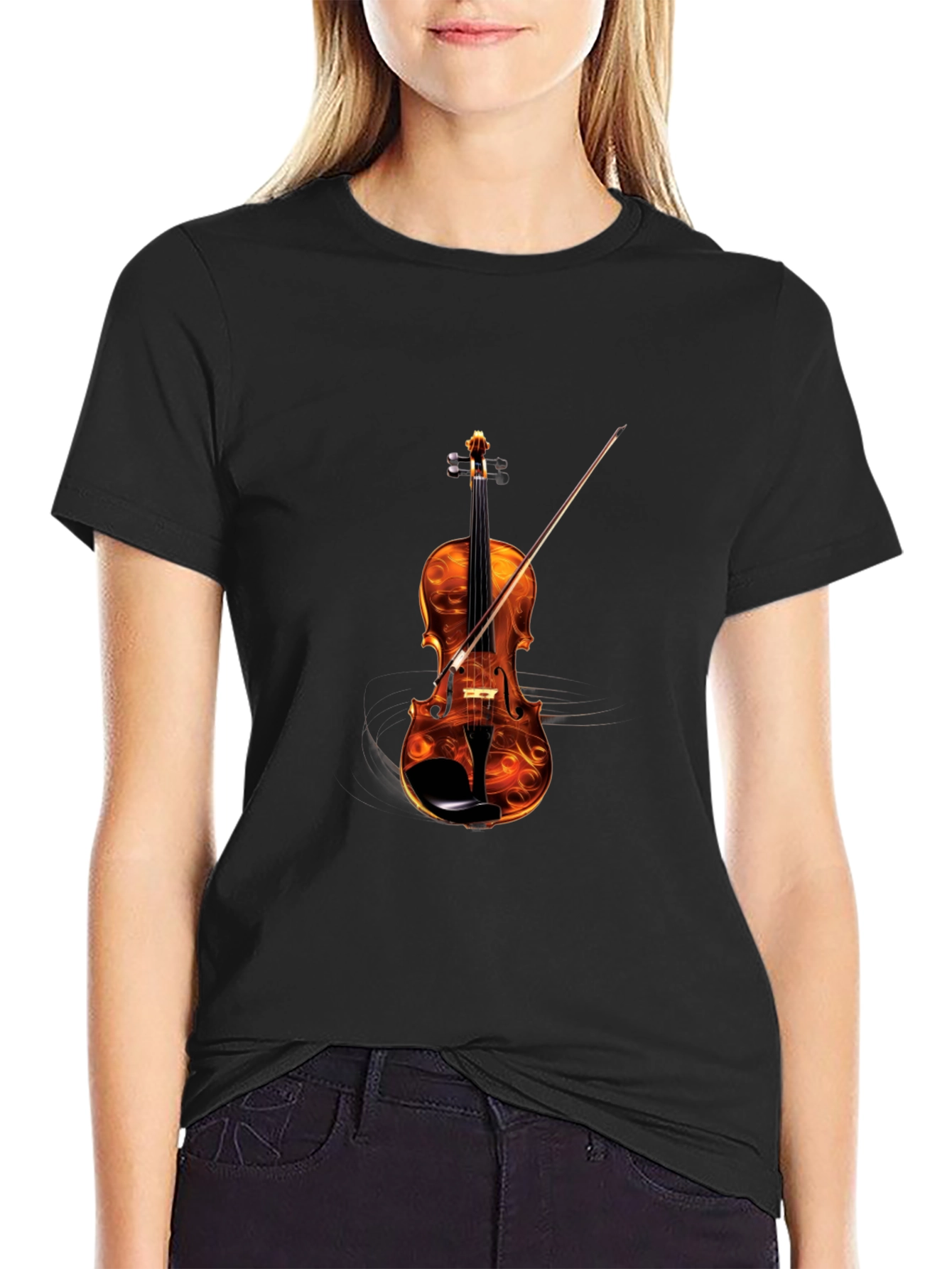 Black Fiery Violin Graphic Tee - Musician's Statement Shirt view 2