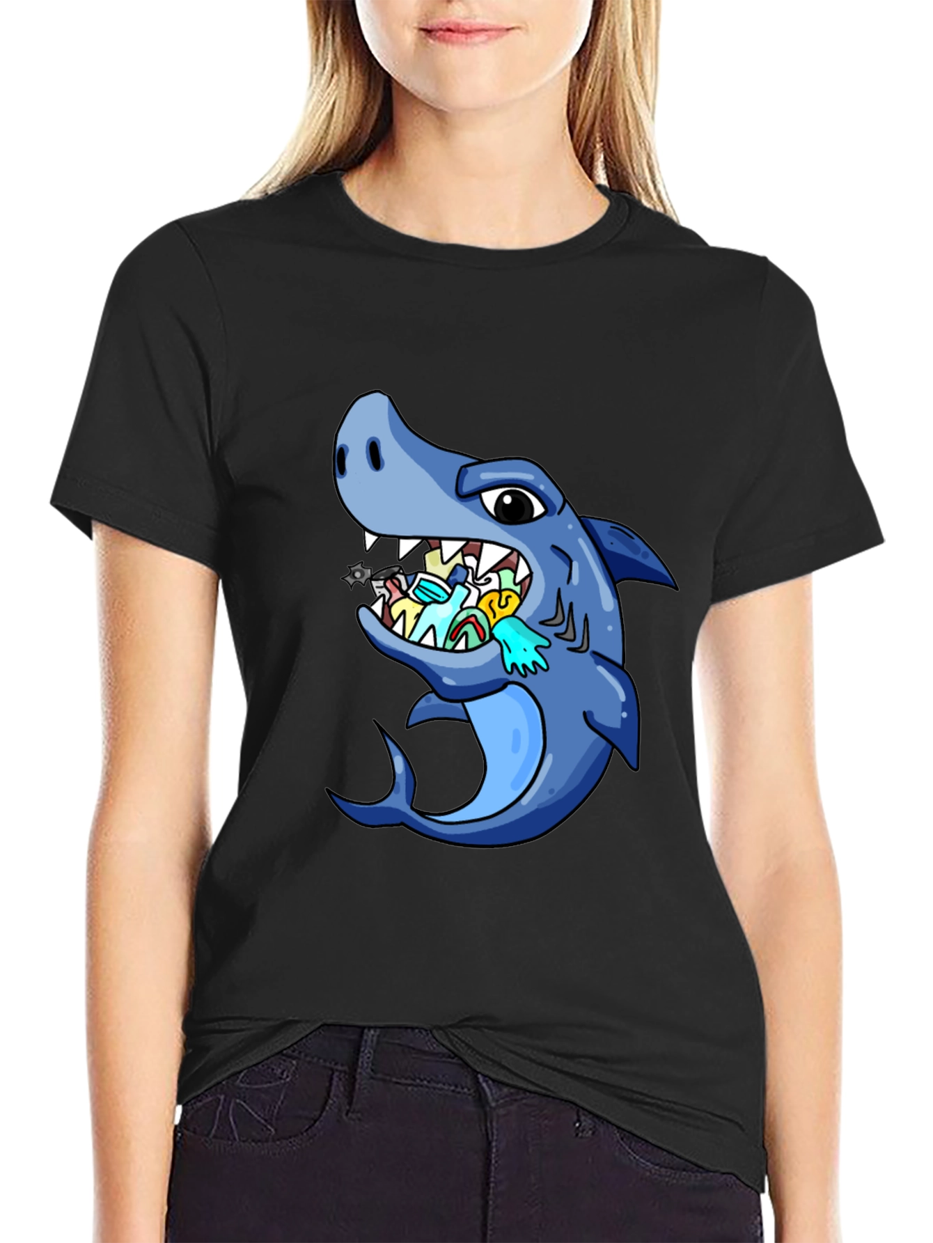 Black Shark Eating Masks Funny T-Shirt view 2