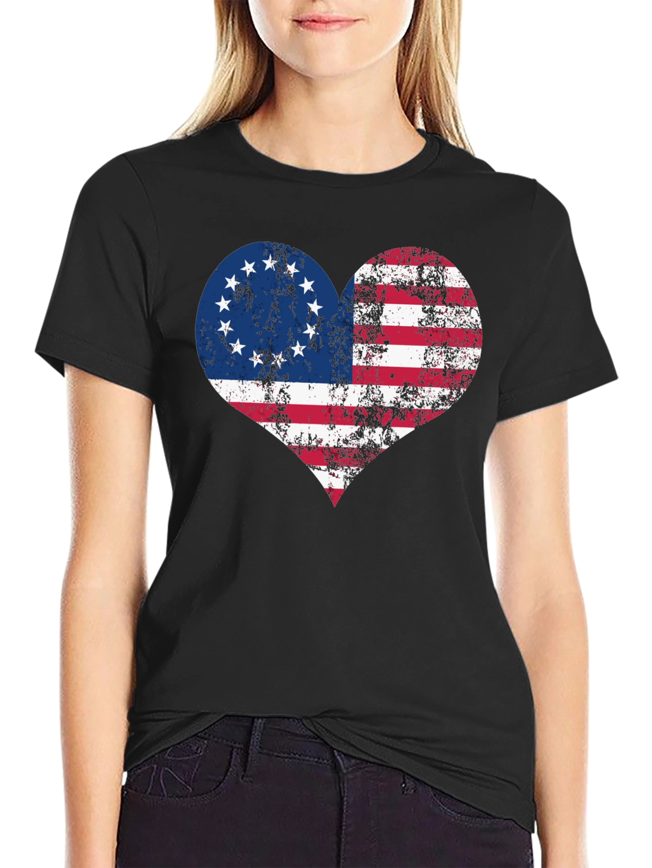 Black Patriotic Heart T-Shirt - USA Flag Design view 2
