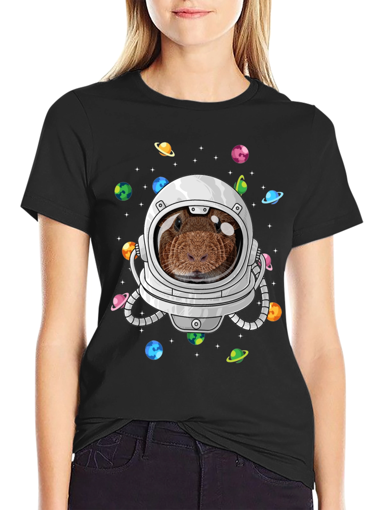 Black Guinea Pig Astronaut T-Shirt Funny Space Tee view 2