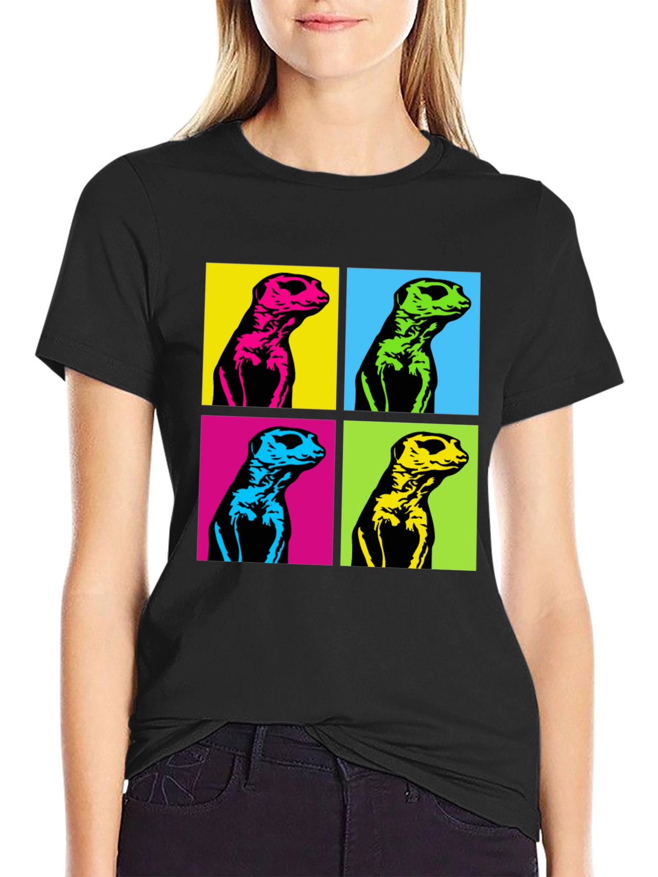 Black Pop Art Meerkat Graphic Tee - Unique Animal T-Shirt view 2
