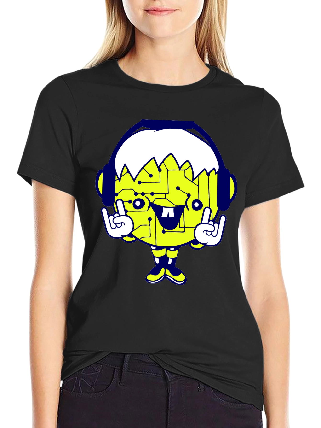 Black Cool Cartoon Graphic Black T-Shirt view 2