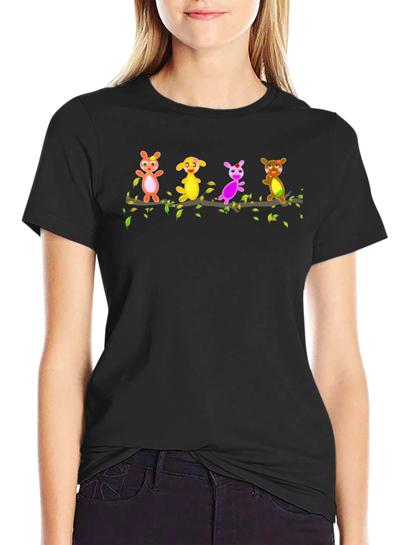 Black Cartoon Critters on a Branch Black T-Shirt view 2