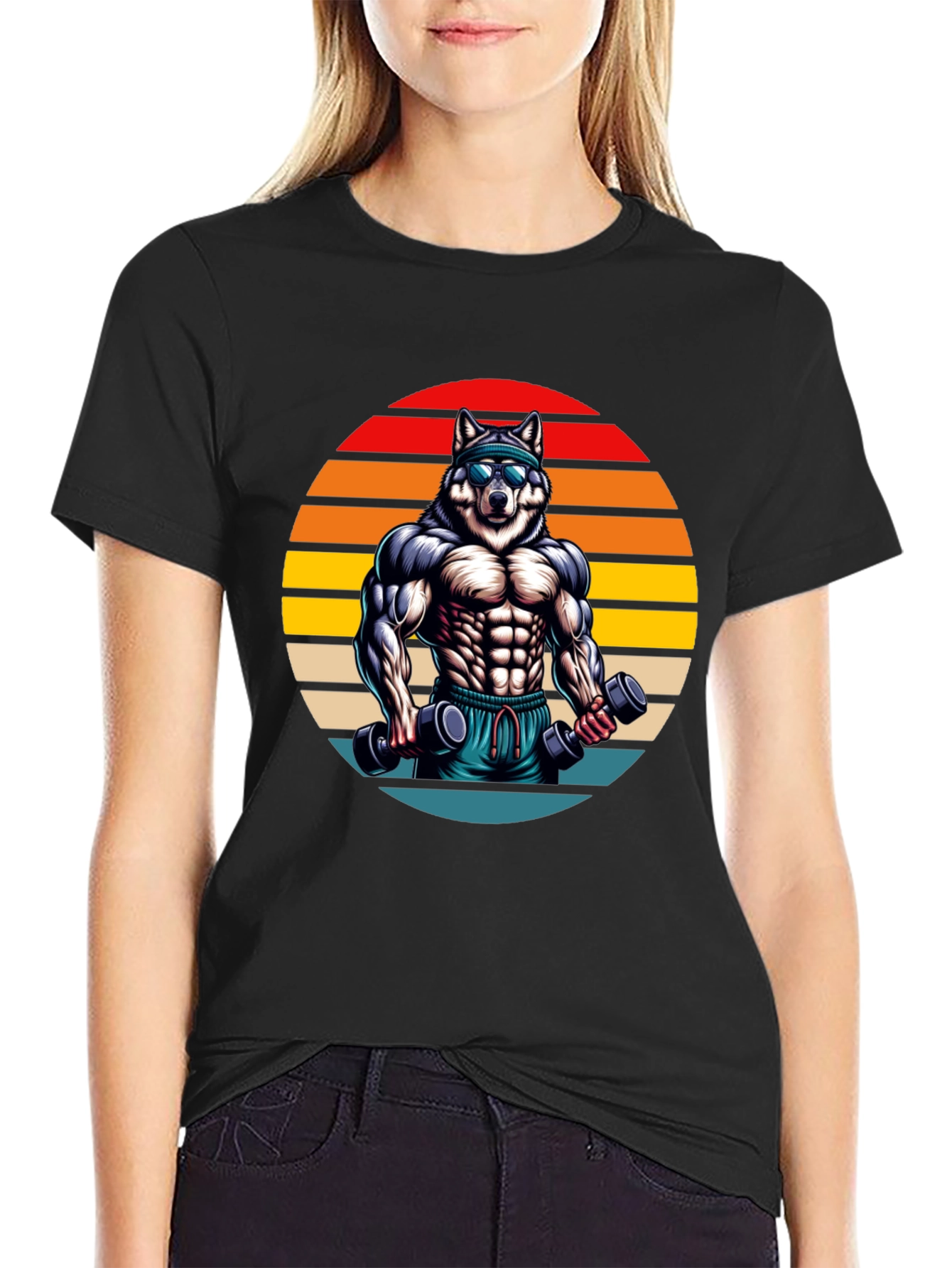 Black Wolf Gym T-Shirt - Retro Fitness Design view 2