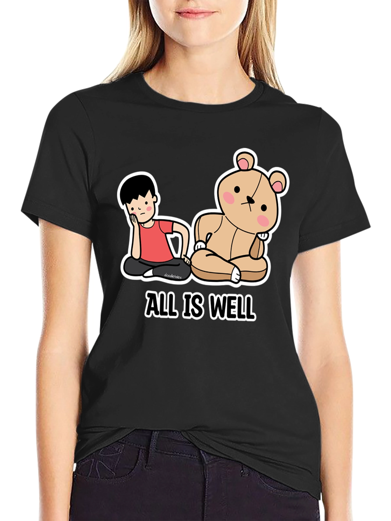 Black All Is Well T-Shirt: Cartoon Boy & Bear Meditating Graphic Tee view 2