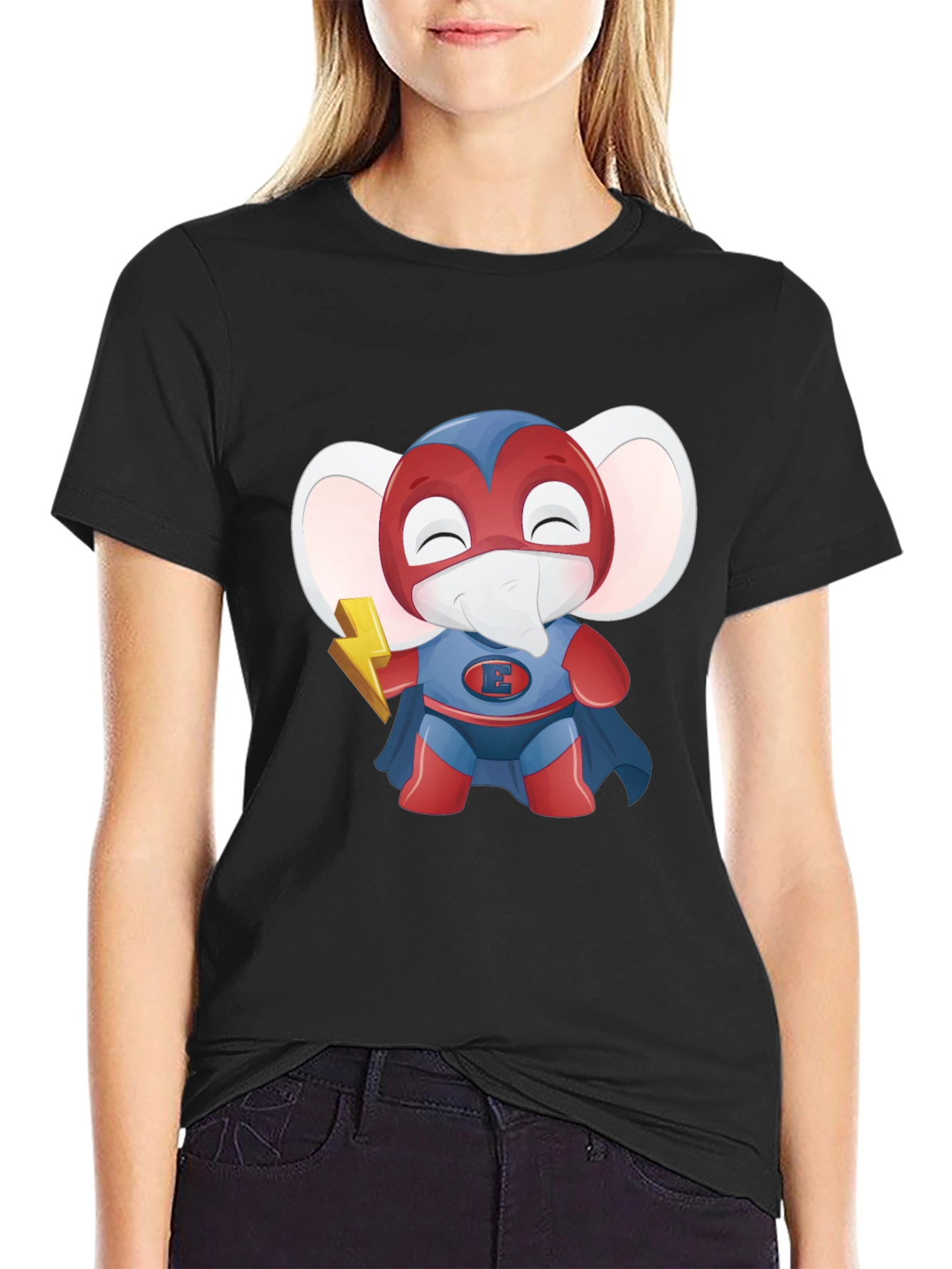 Black Superhero Elephant Cartoon T-Shirt view 2