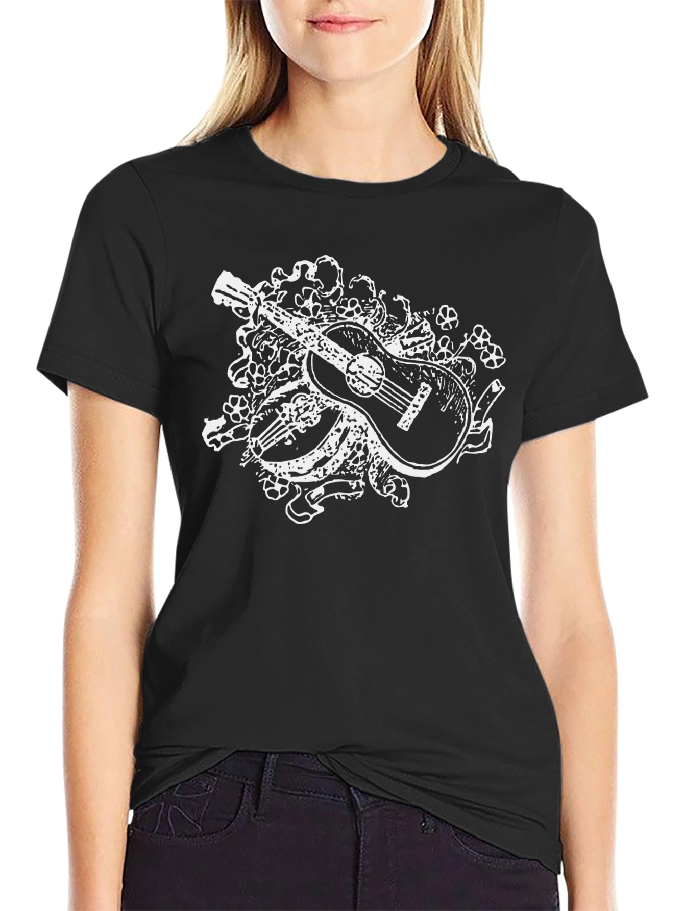 Black Guitar Floral Graphic Tee - Black Casual Shirt view 2