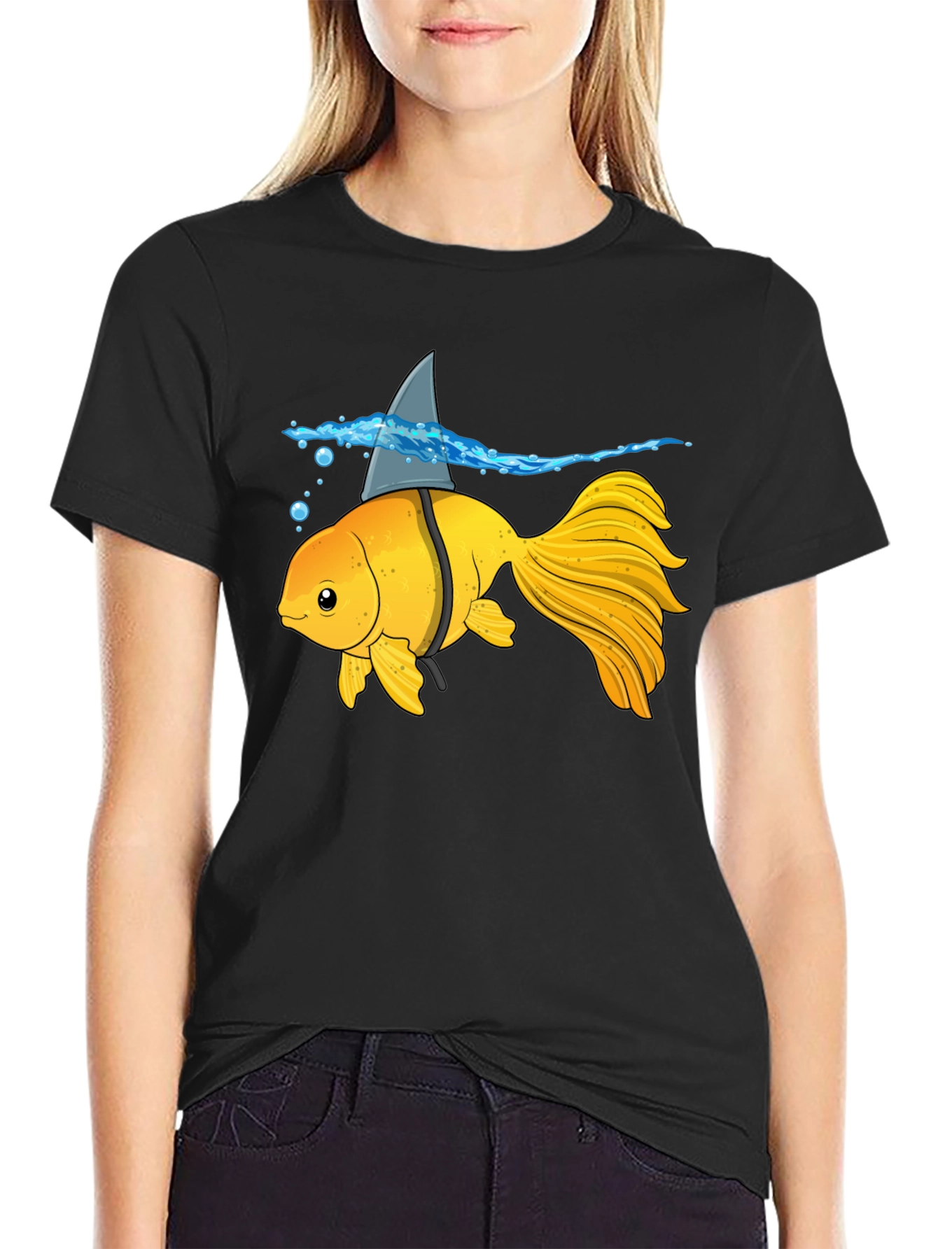 Black Goldfish Shark Fin Humor T-Shirt view 2