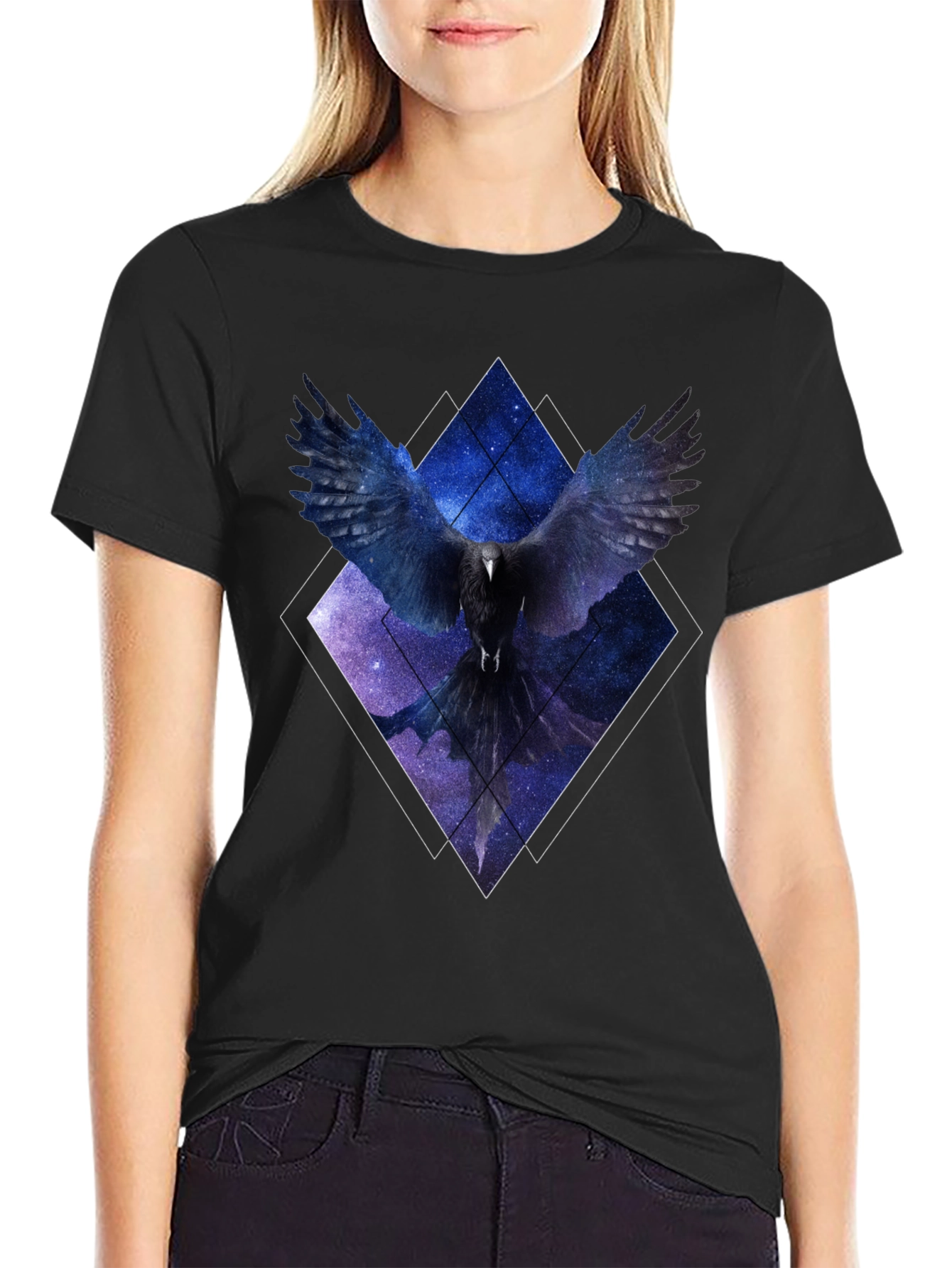 Black Cosmic Raven Graphic Tee - Unisex Black T-Shirt view 2