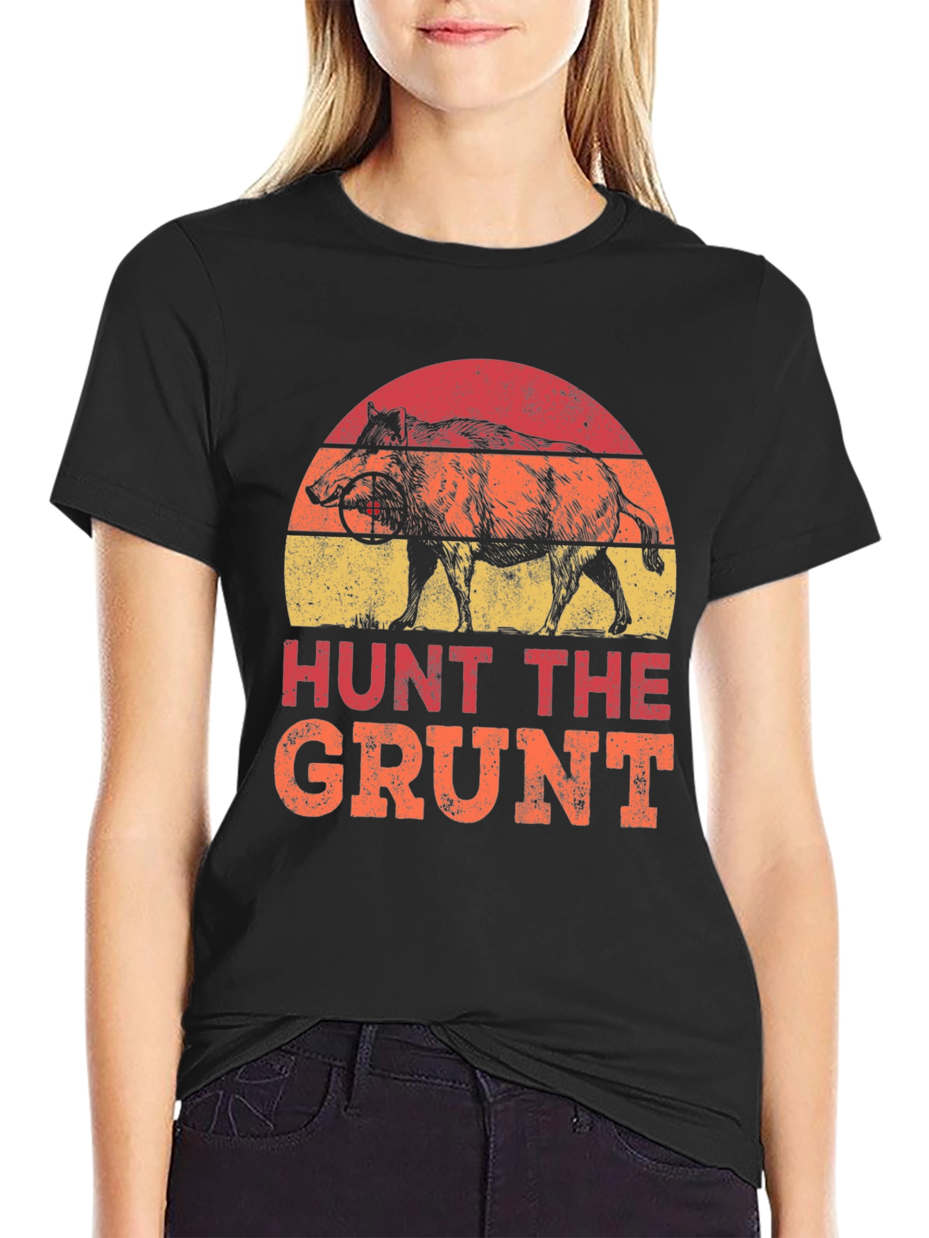 Black Hunt the Grunt T-Shirt - Wild Boar Hunter Tee view 2