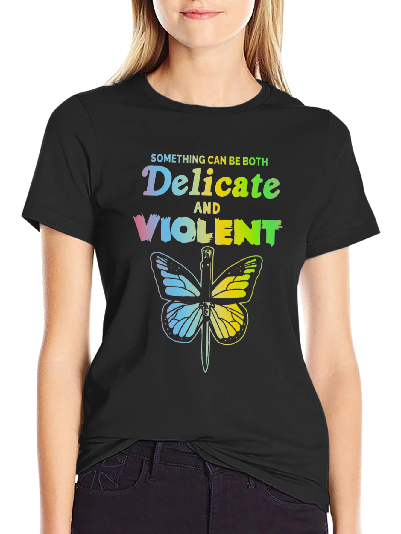 Black Delicate & Violent Butterfly T-Shirt - Unisex Cotton Tee view 2