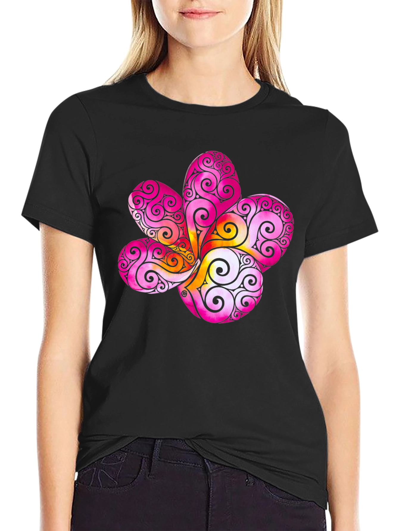 Black Floral Swirl Graphic Black T-Shirt view 2