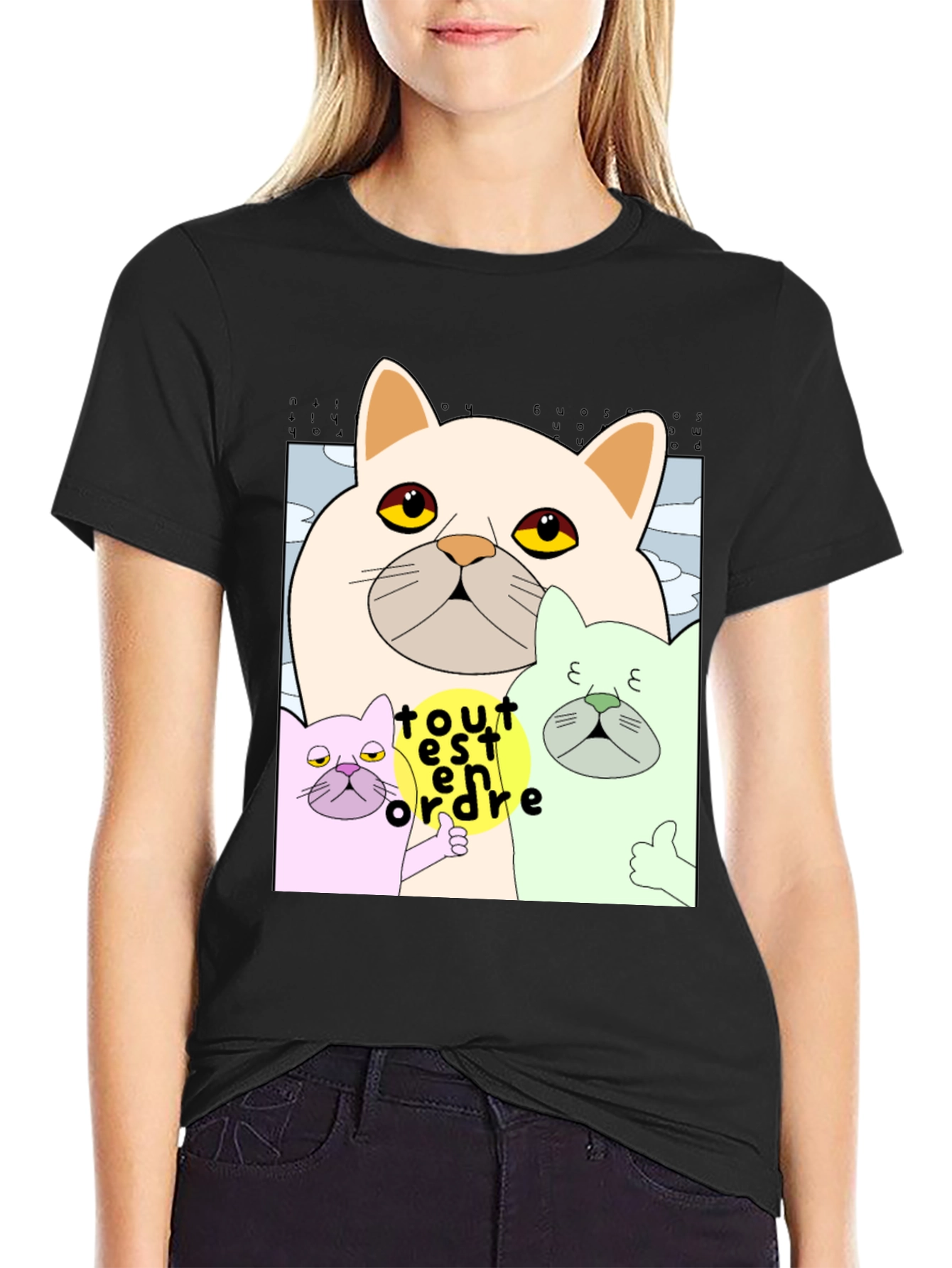 Black Cat Cartoon Graphic Black T-Shirt view 2