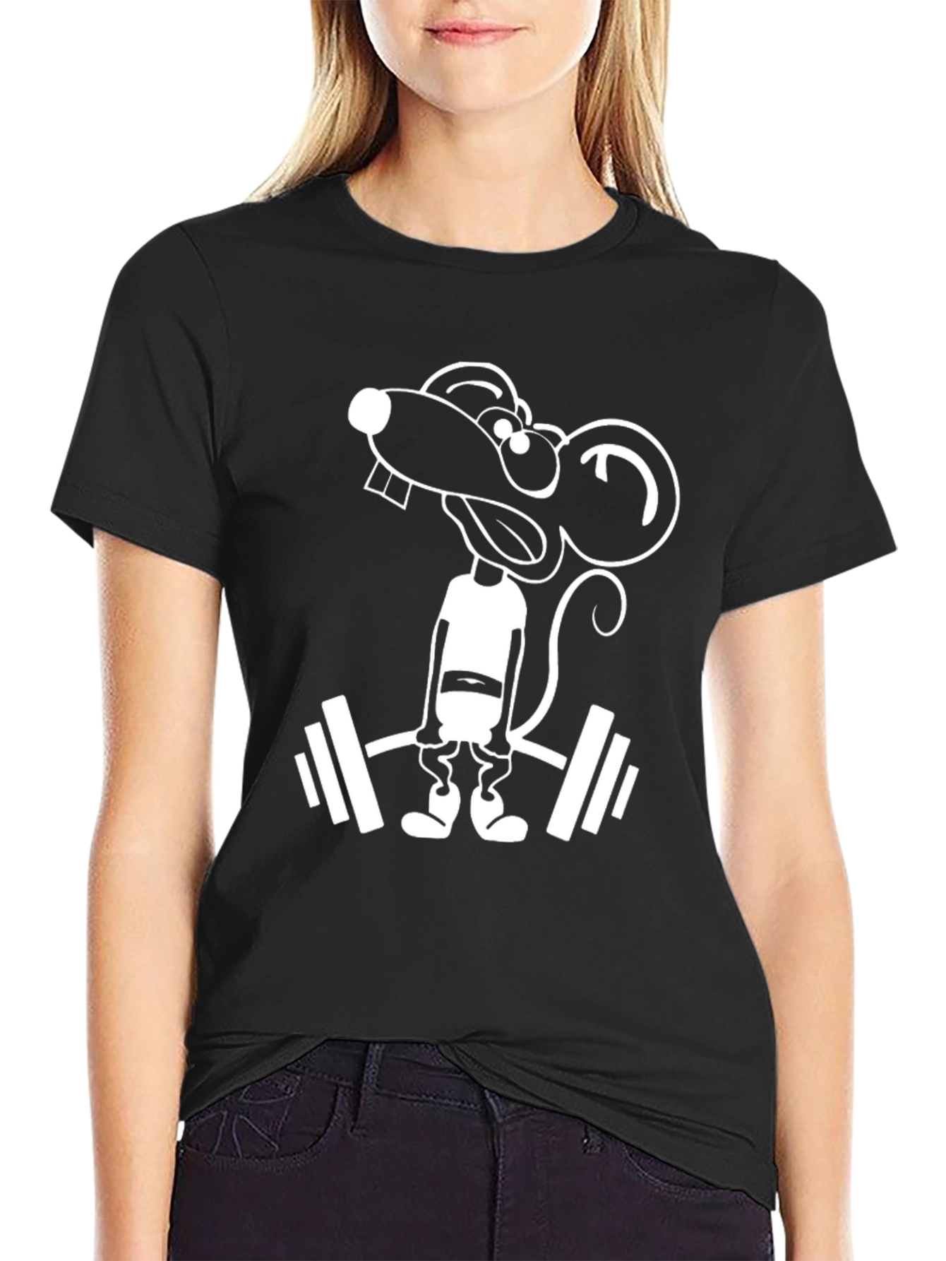 Black Funny Rat Lifting Weights Black T-Shirt view 2