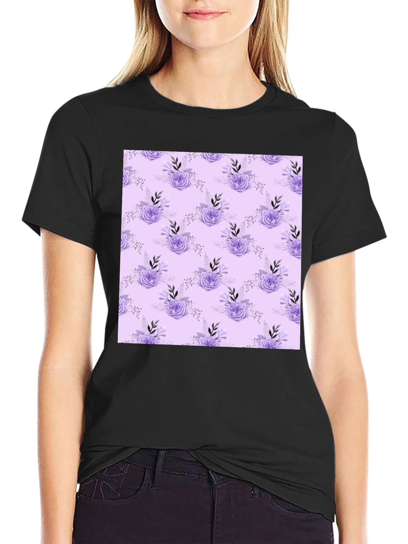 Black Floral Lavender Pattern Black T-Shirt view 2