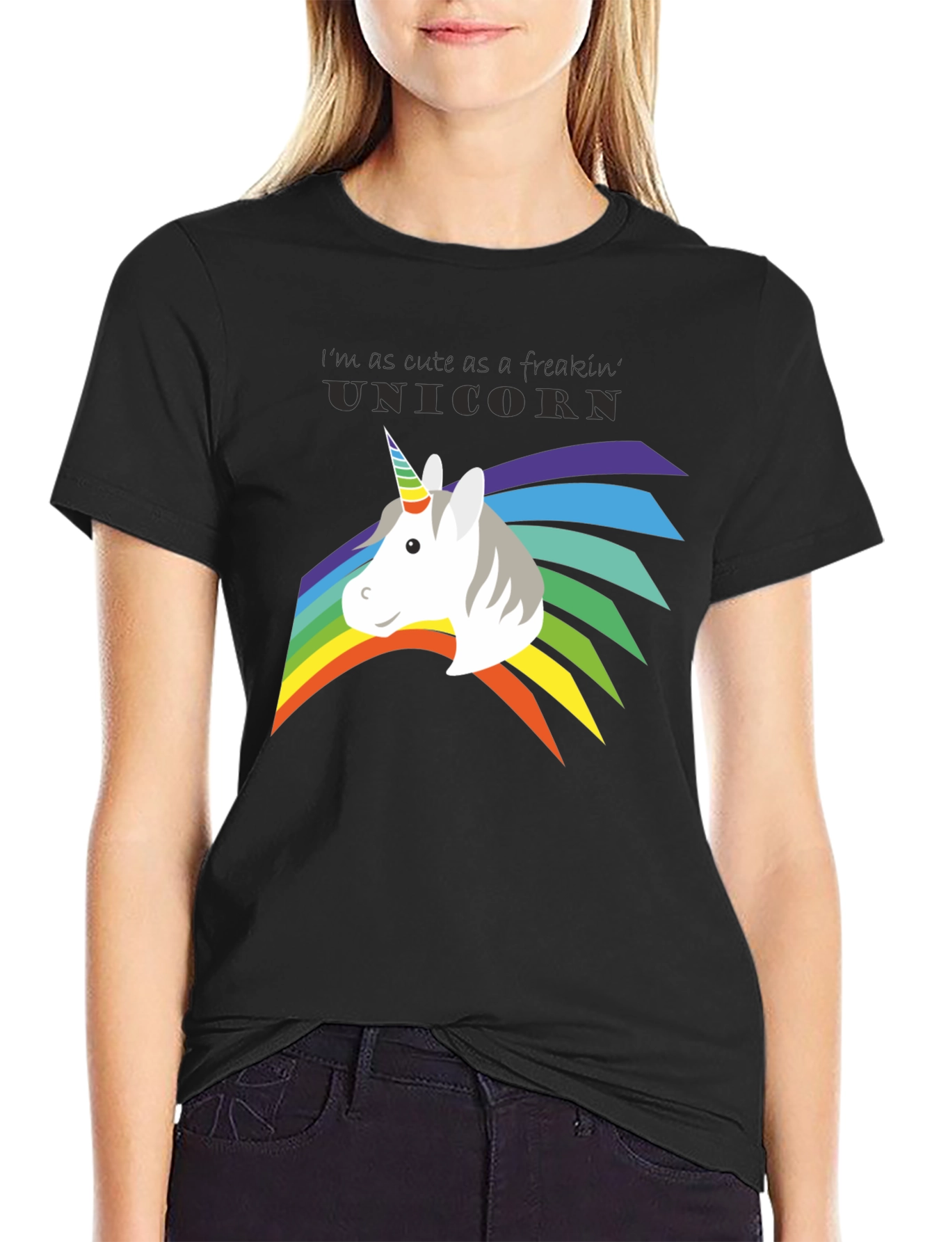 Black Cute Unicorn Freakin' Unicorn Rainbow T-Shirt view 2