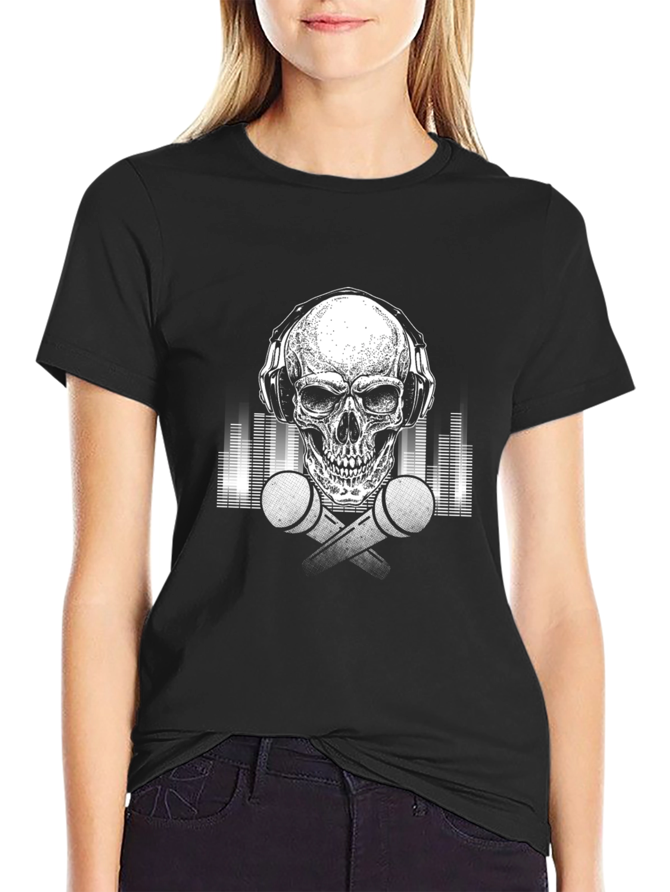 Black Skull DJ Graphic Tee - Black Cotton T-Shirt view 2