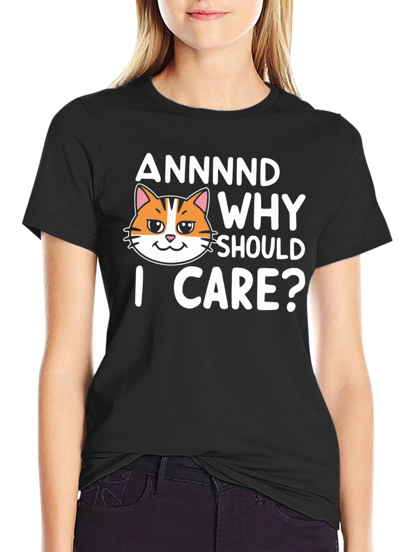 Black Annnd Why Should I Care? Funny Cat Graphic T-Shirt view 2