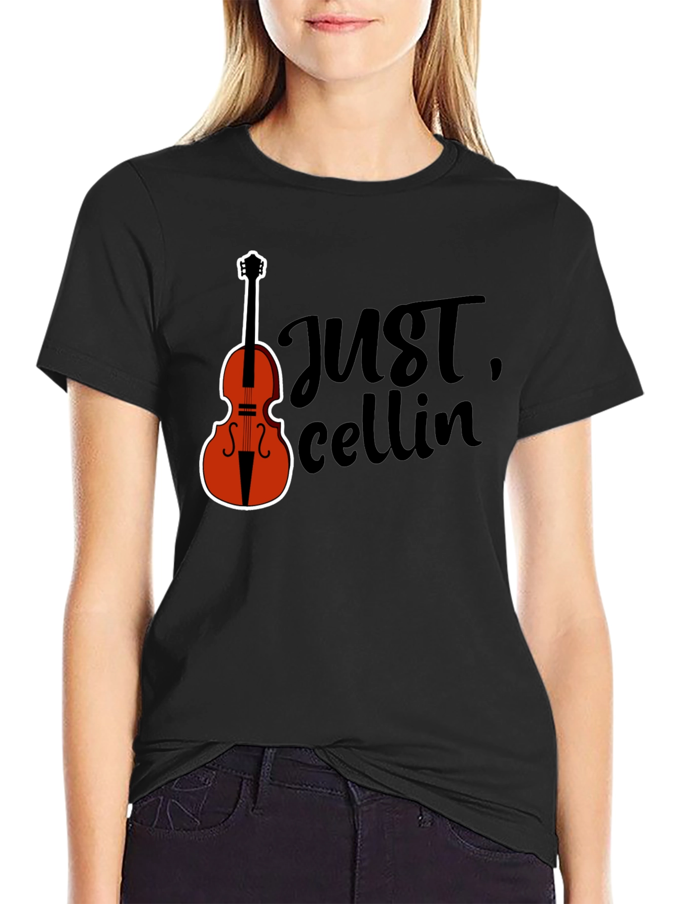 Black Just Cellin' Black T-Shirt with Cello Graphic view 2